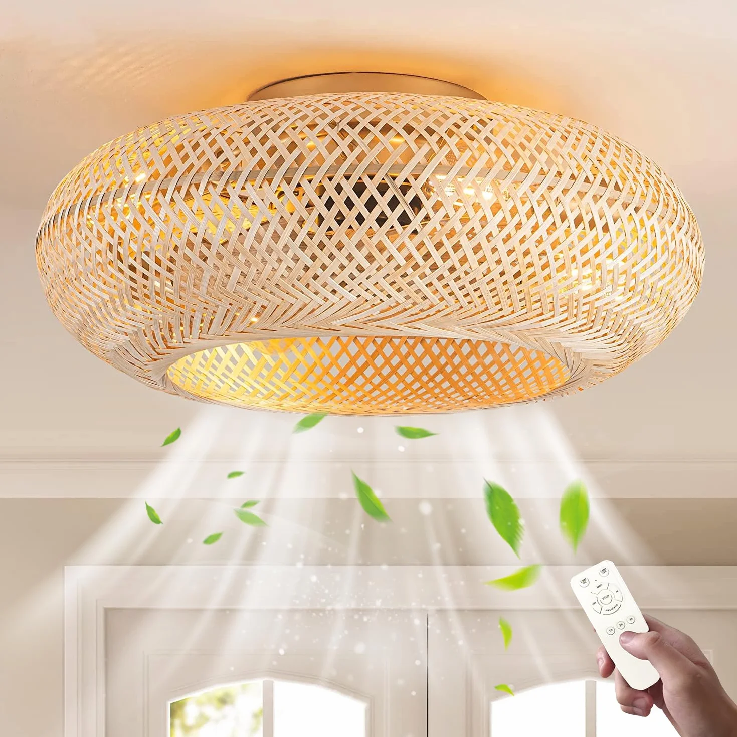 Wentylatory sufitowe E27 Retro ze światłem i pilotem cicha lampa wisząca splot bambus i rattan naturalna