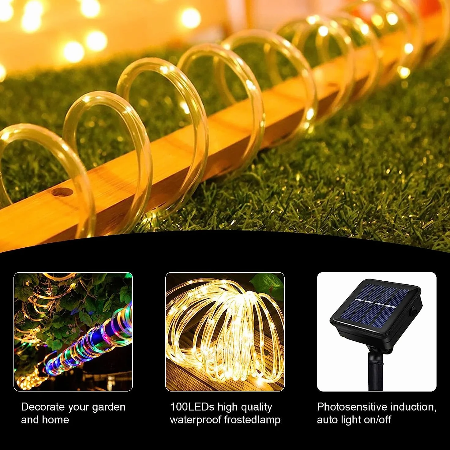 JIMACRO Zewnętrzne solarne lampy linowe LED IP65 12 m 100 diod 8 trybów oświetlenia łańcuch świetlny do ogrodu