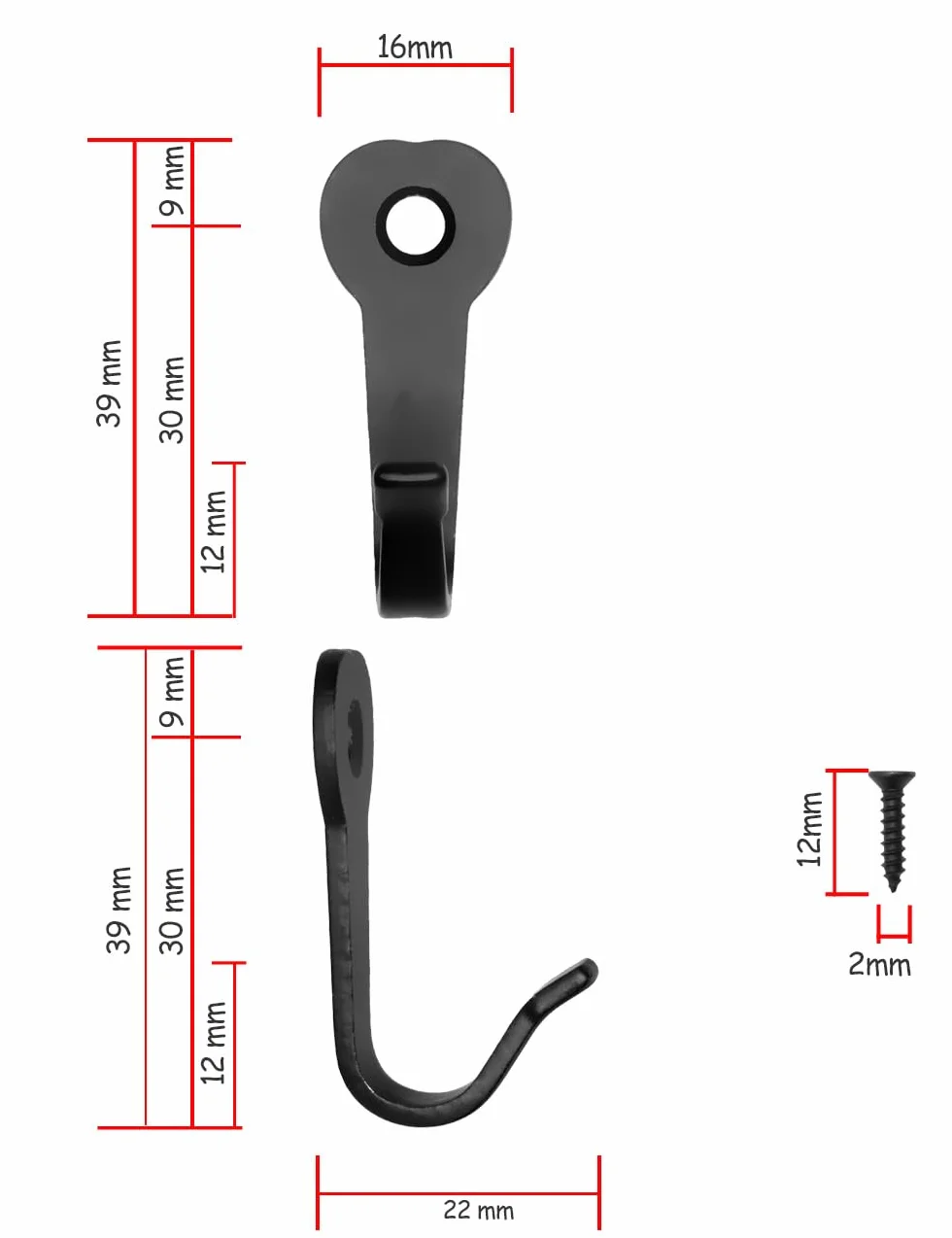 Fuxxer® Klasyczne haczyki do garderoby żelazne 39 x 22 mm zestaw 10 sztuk czarny