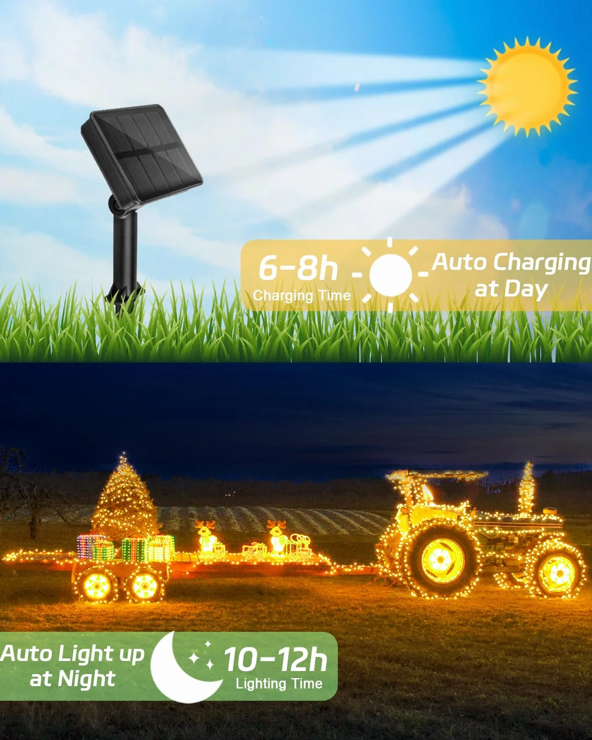 Dalugo Solarny łańcuch świetlny do użytku na zewnątrz 5 m, 50 diod LED, ciepła biel, 8 trybów pracy, IP65, wodoszczelny, solarny łańcuch świetlny na zewnątrz, odporny na warunki atmosferyczne, do