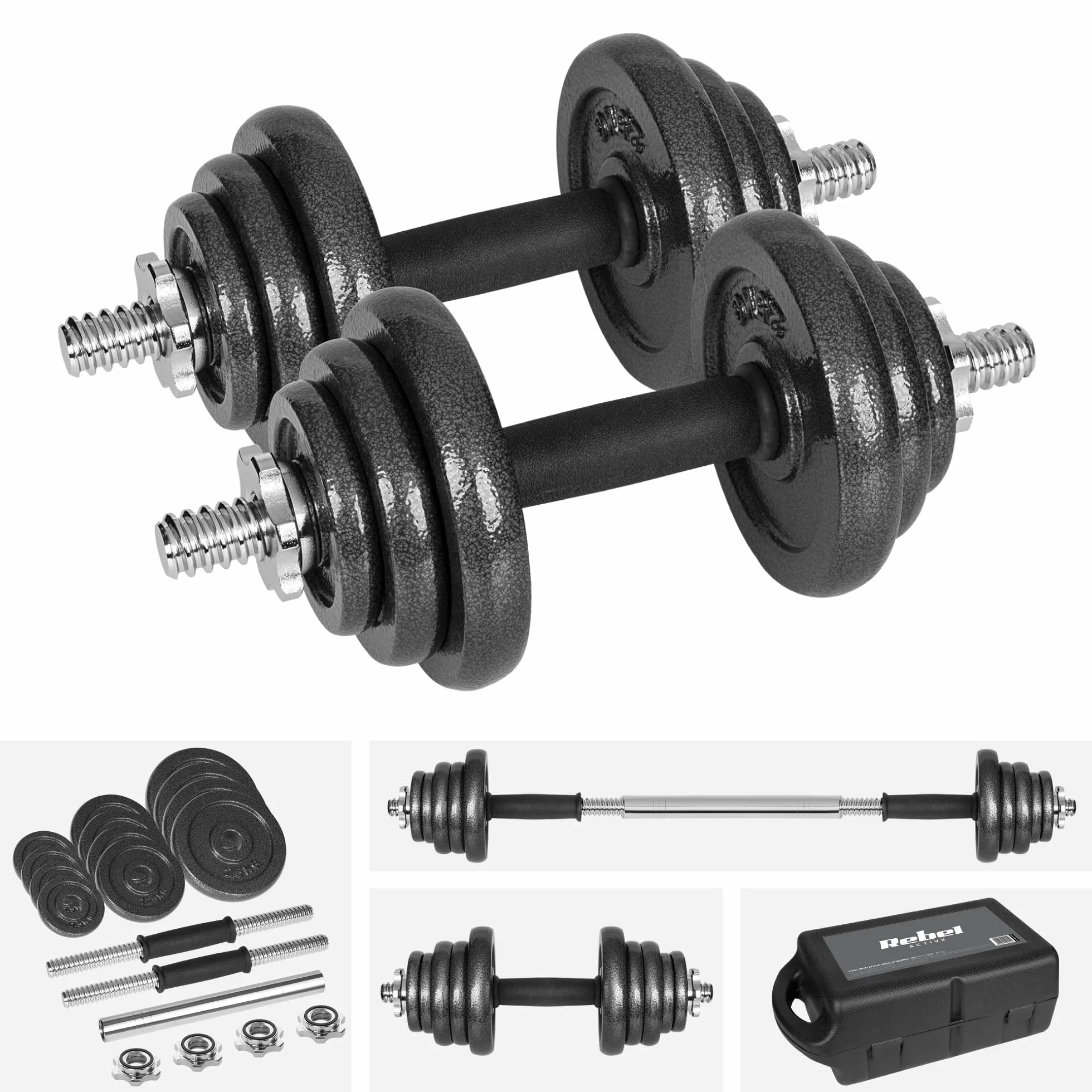 Rebel Electro Hantle Żeliwne w Walizce z Gryfem Zestaw 20kg Regulowane RBA-2327-20
