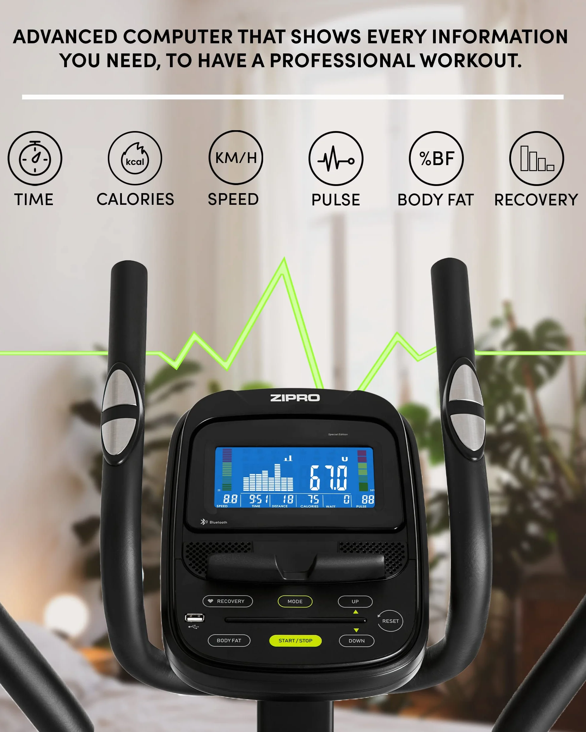 Zipro Heat | Home Magnetyczny orbiter do 150 kg | iConsole+ 8-stopniowy system oporu | trenażer domowy mierzy tętno, kalorie, prędkość | w kolorze czarnym