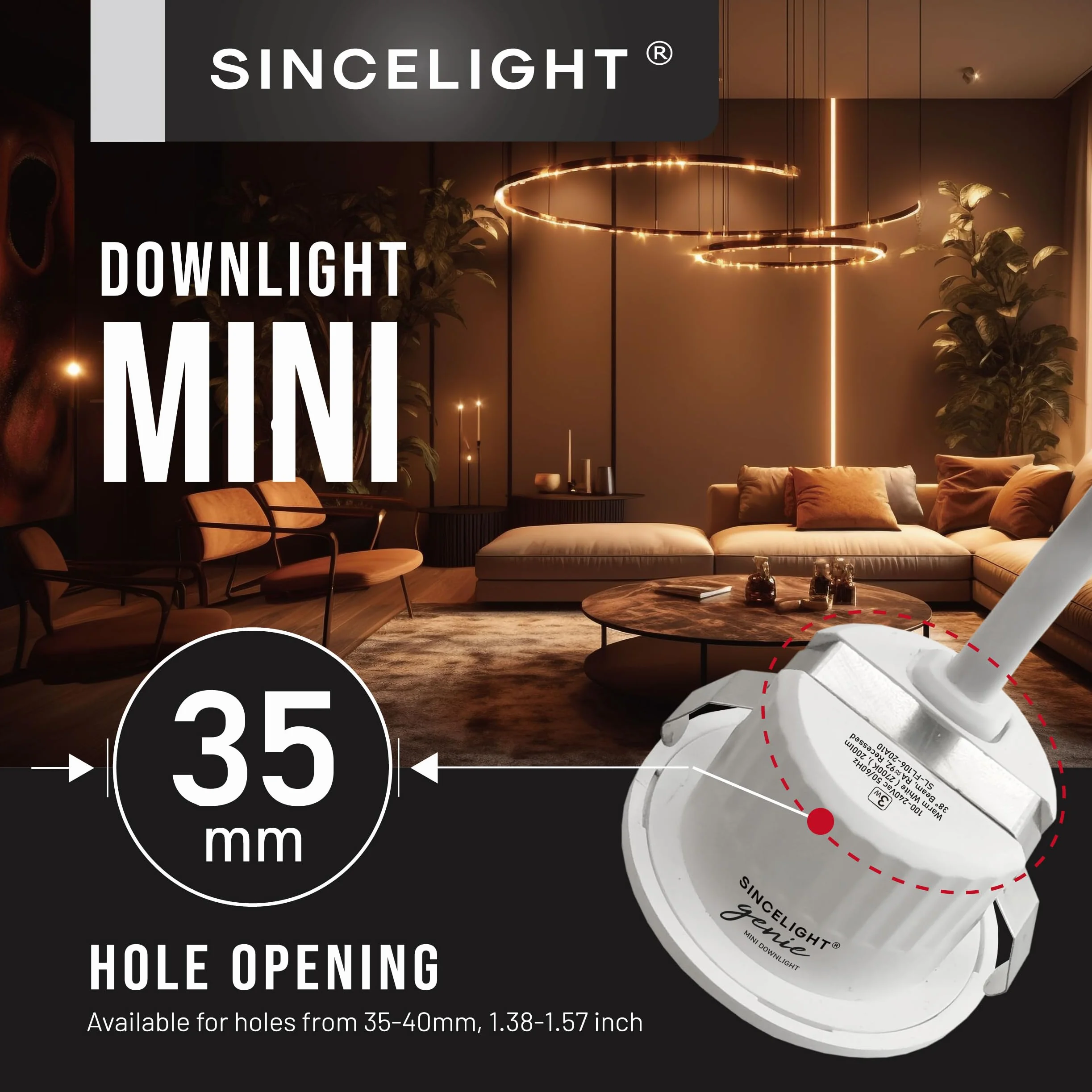 SINCELIGHT MINI Reflektory Sufitowe LED, 3W Mały Downlight do otworów 35-40mm w Sufitu/Szafki/Gabloty, Wymienny Pierścień Biały/Czarny, Wodoodporność IP65, RA≈92, Neutralny Biały 4000K, 5 Szt.