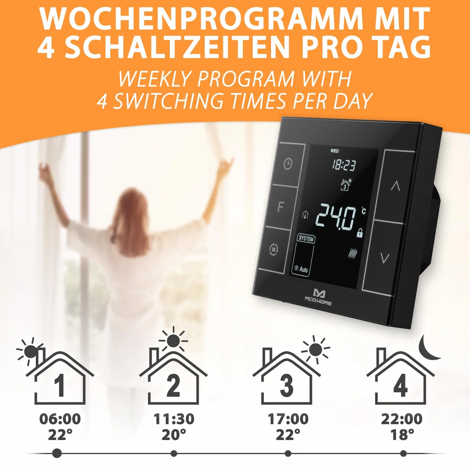 MCO Home Z-Wave MH7H-EH termostat pokojowy do ogrzewania podłogowego i ogrzewania na podczerwień/Z-Wave Smarthome, czarny
