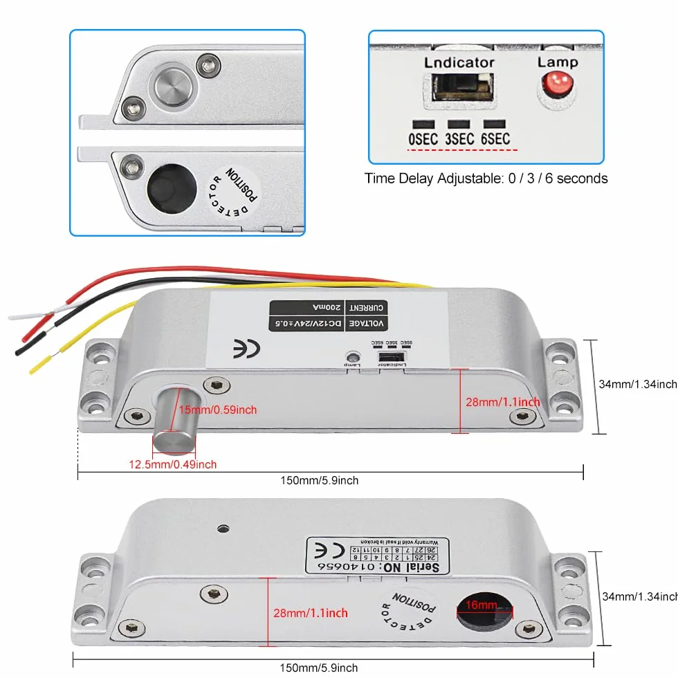 LIBO Elektryczny zamek śrubowy DC 12 V Fail Safe NC