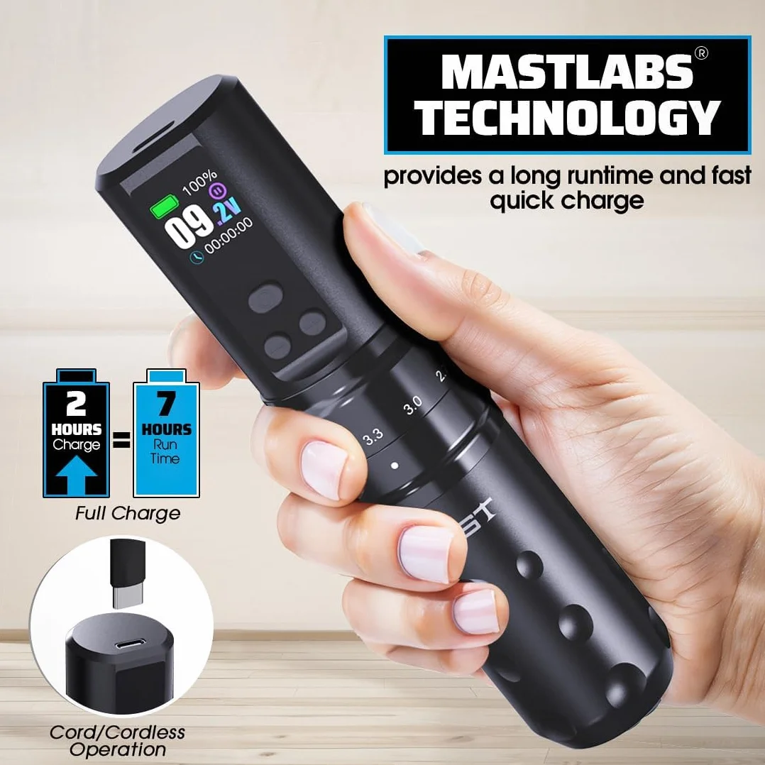 Mast Fold2 Pro Wireless Tattoo Machine Pen Rotary Cordless Tattoo Gun 7 Strokes Length 2000mAh Battery Powerful Motor by Mcore RCA Connector for Pro Artists