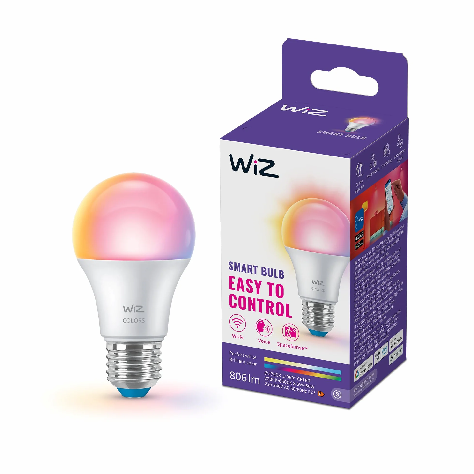 WiZ Smart A60 Żarówka LED E27 60W 2200K-6500K 806lm Inteligentna działa z Alexą Google Assistant Apple Home 1 szt