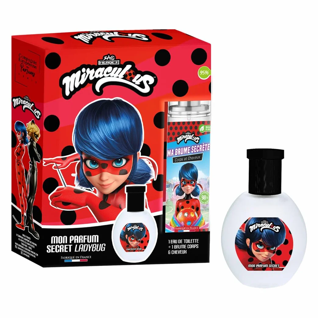 MIRACULOUS Biedronka Zestaw perfum dla dzieci dziewczynki woda toaletowa 30 ml + 1 perfumowana mgiełka 100 ml owocowo-kwiatowy zapach Wyprodukowano we Francji