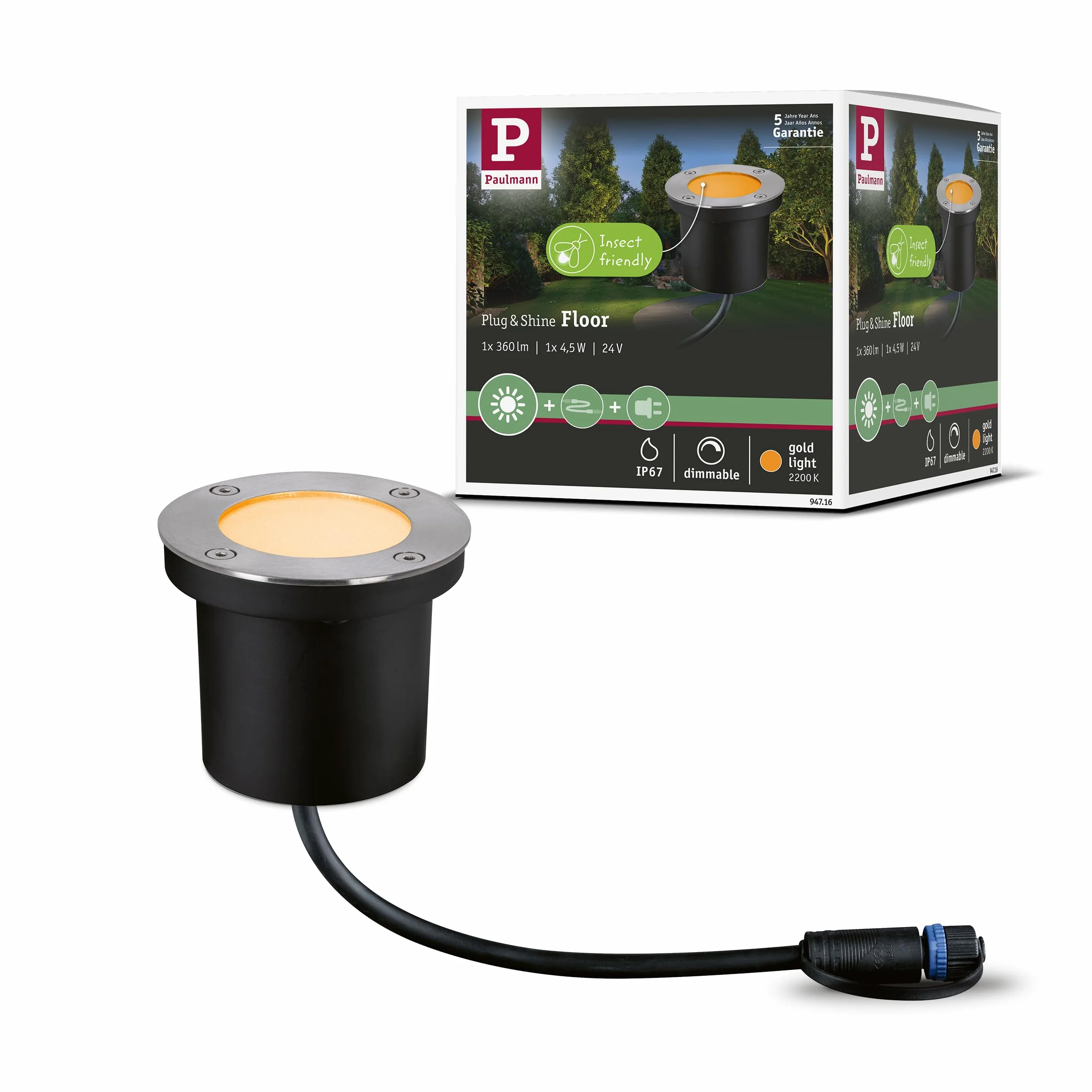Paulmann 94716 Plug & Shine oprawa zewnętrzna LED oprawa dogruntowa Floor przyjazna owadom IP67 2200K 4,5W Antracyt okrągła złote światło metal