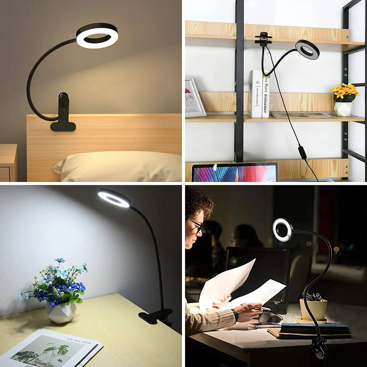 Lampa biurkowa URAQT Clip USB z 12 poziomami jasności, 3 tryby oświetlenia, lampka nocna na gęsiej szyi, ochrona oczu
