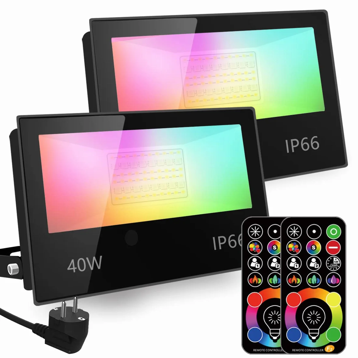 HEKEE Reflektor LED 40 W RGBW ze zmianą kolorów, 120 kolorów, timer, 4000 lumenów, IP66