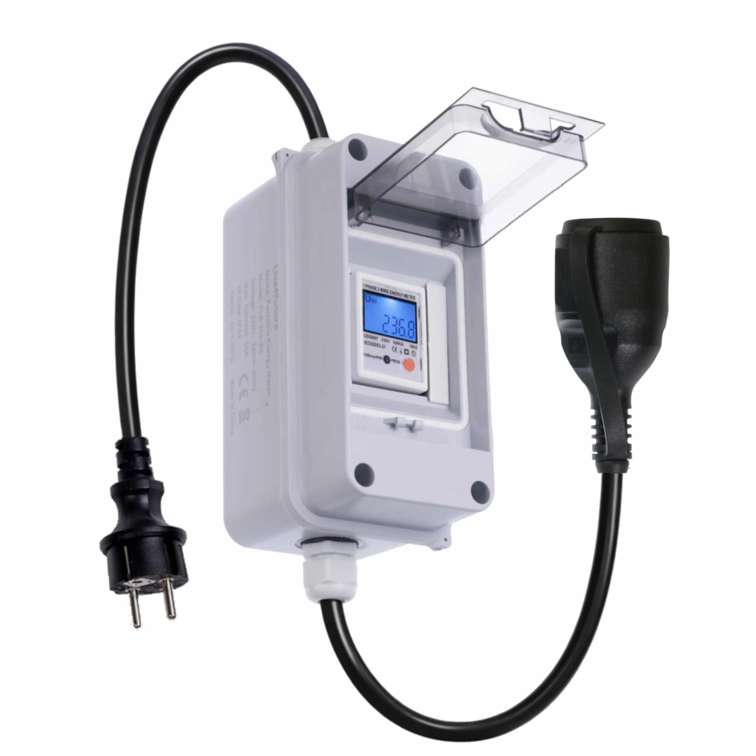 Mobilny Licznik Zużycia Energii 230V z Resetem i IP65 – Cyfrowy Podlicznik z Kablem H07RN-F do Fotowoltaiki Balkonowej, Kampera, Campingu i Ładowania Aut Elektrycznych (Plug & Play)