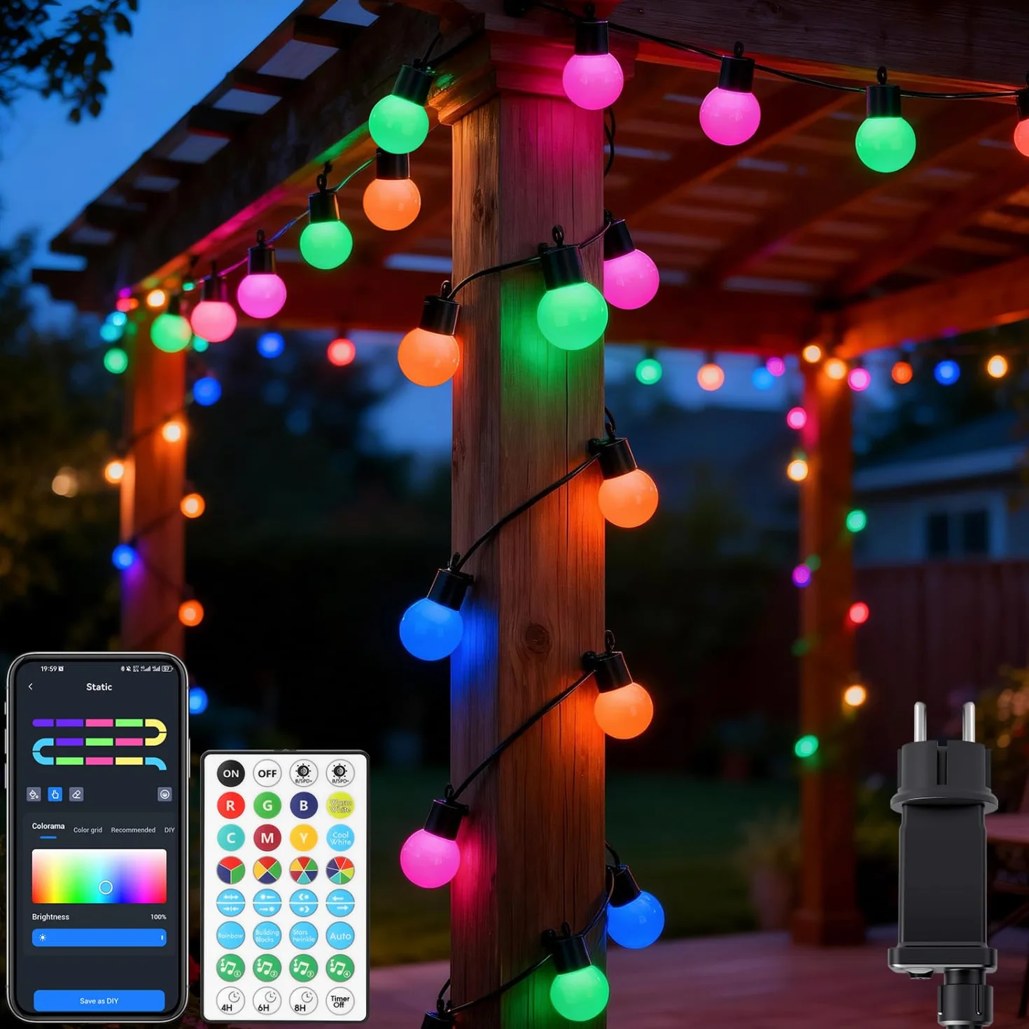 Aigostar Smart RGBIC Girlanda Ogrodowa 5 Metrów, 25 LED G45 Lampy, Sterowanie Segmentami Koloru, Synchronizacja z Muzyką, 39 Dynamicznych Trybów, IP44 Wodoszczelna do Wnętrza i Ogrodu