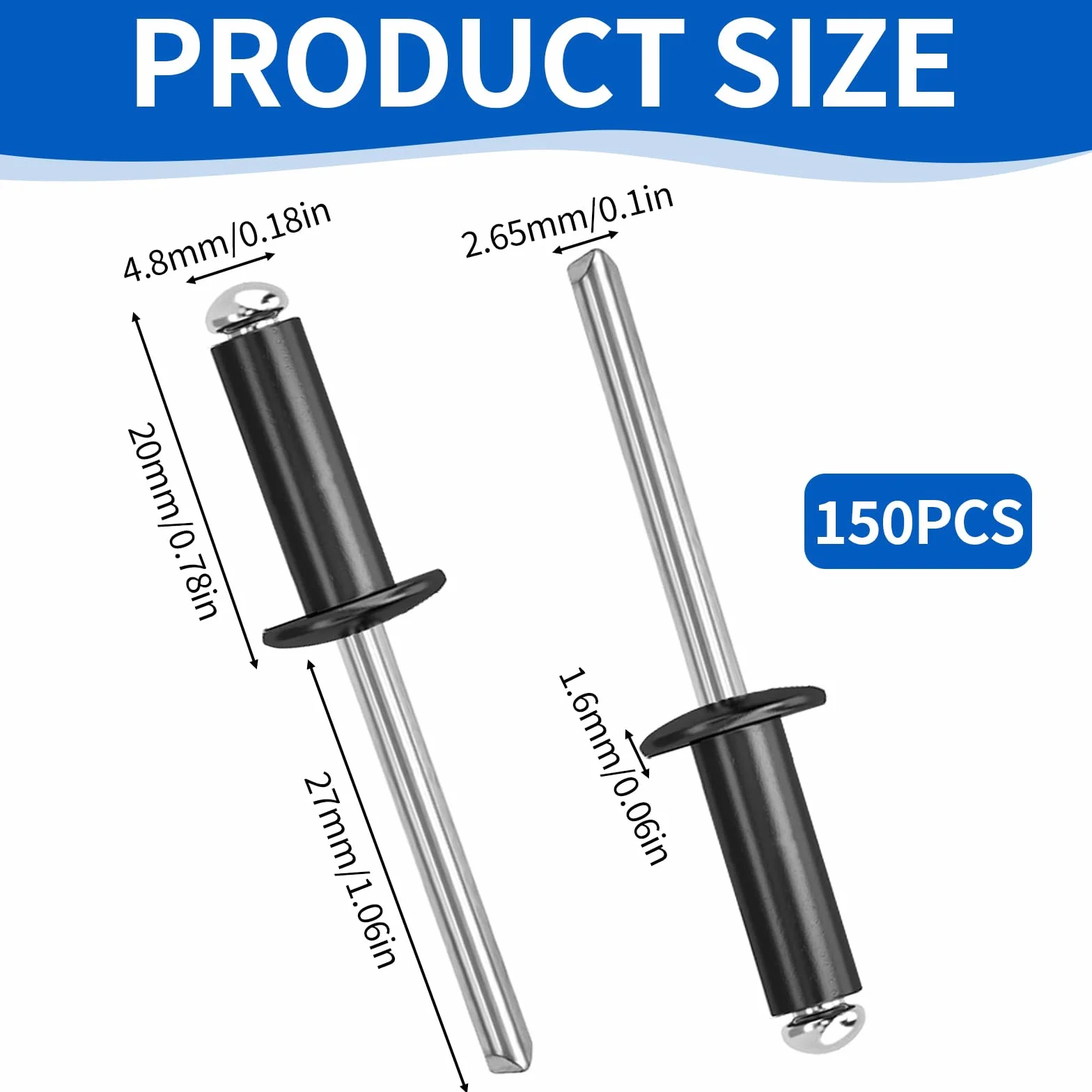 Nity zrywalne aluminiowe 4,8 x 20 mm z dużym kołnierzem, zestaw 150 sztuk, czarne