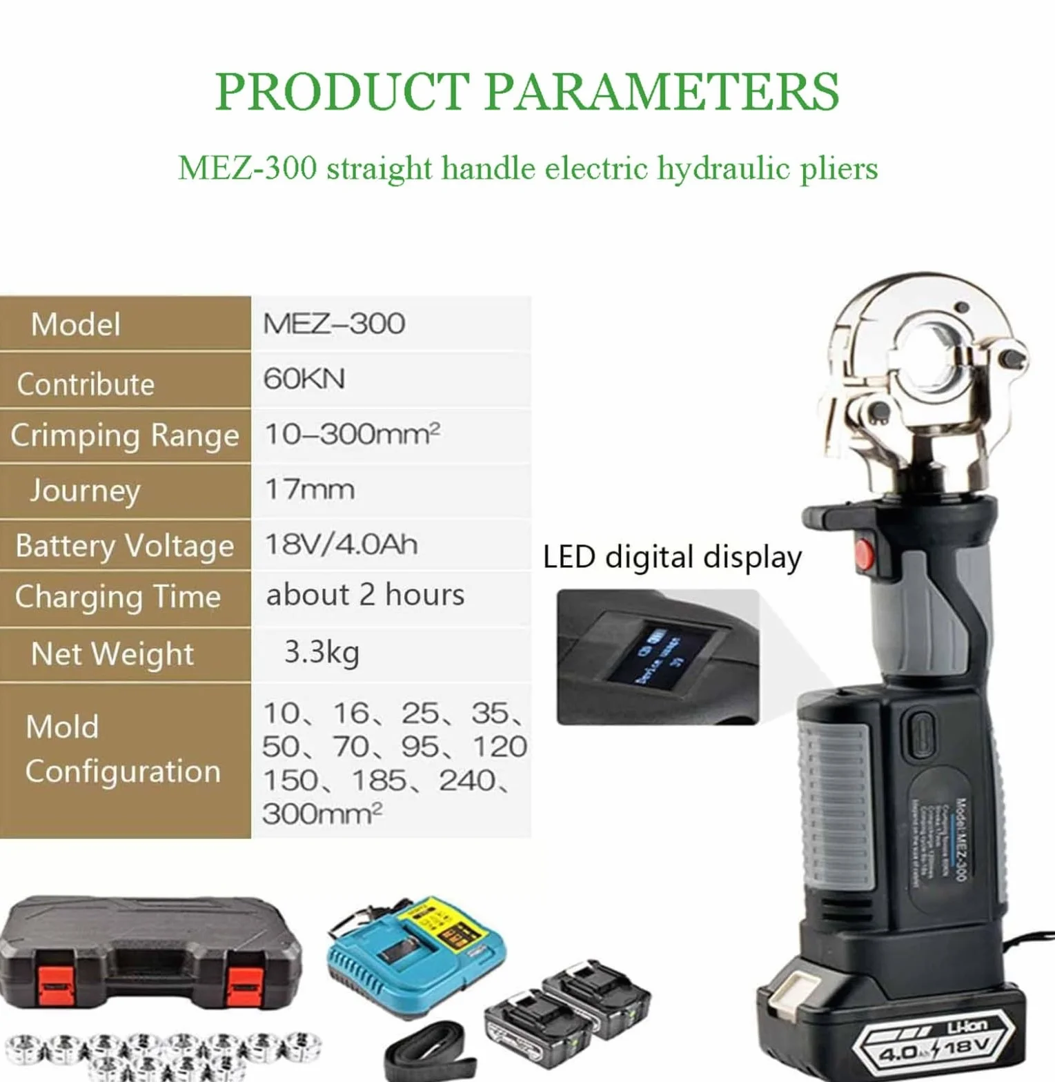 Akumulatorowe hydrauliczne narzędzie do zaciskania 10-300 mm², 12 par matryc, zaciskarka do kabli