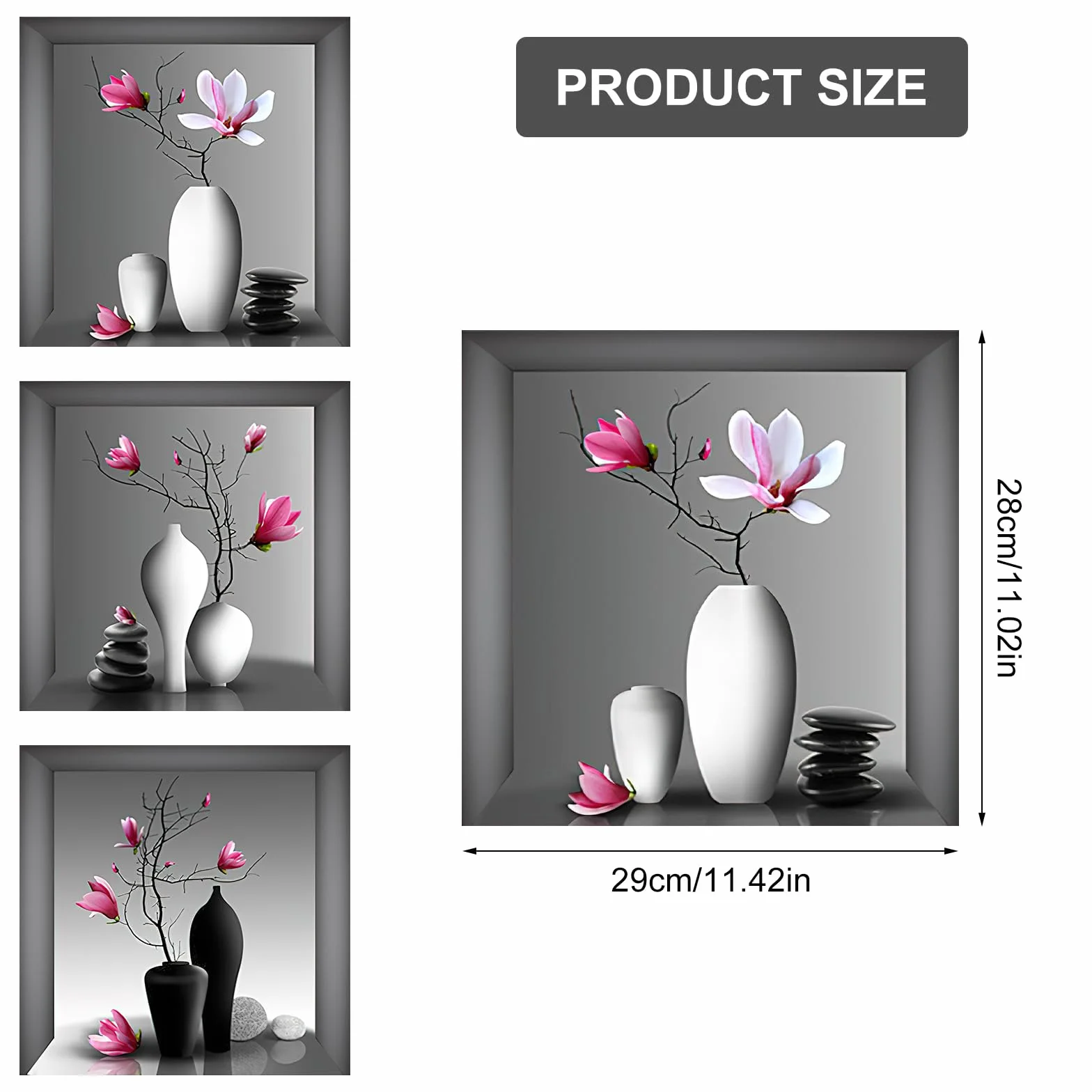 HENGBIRD Naklejka ścienna 3D wazon z kwiatami 30x30 cm 3 sztuki