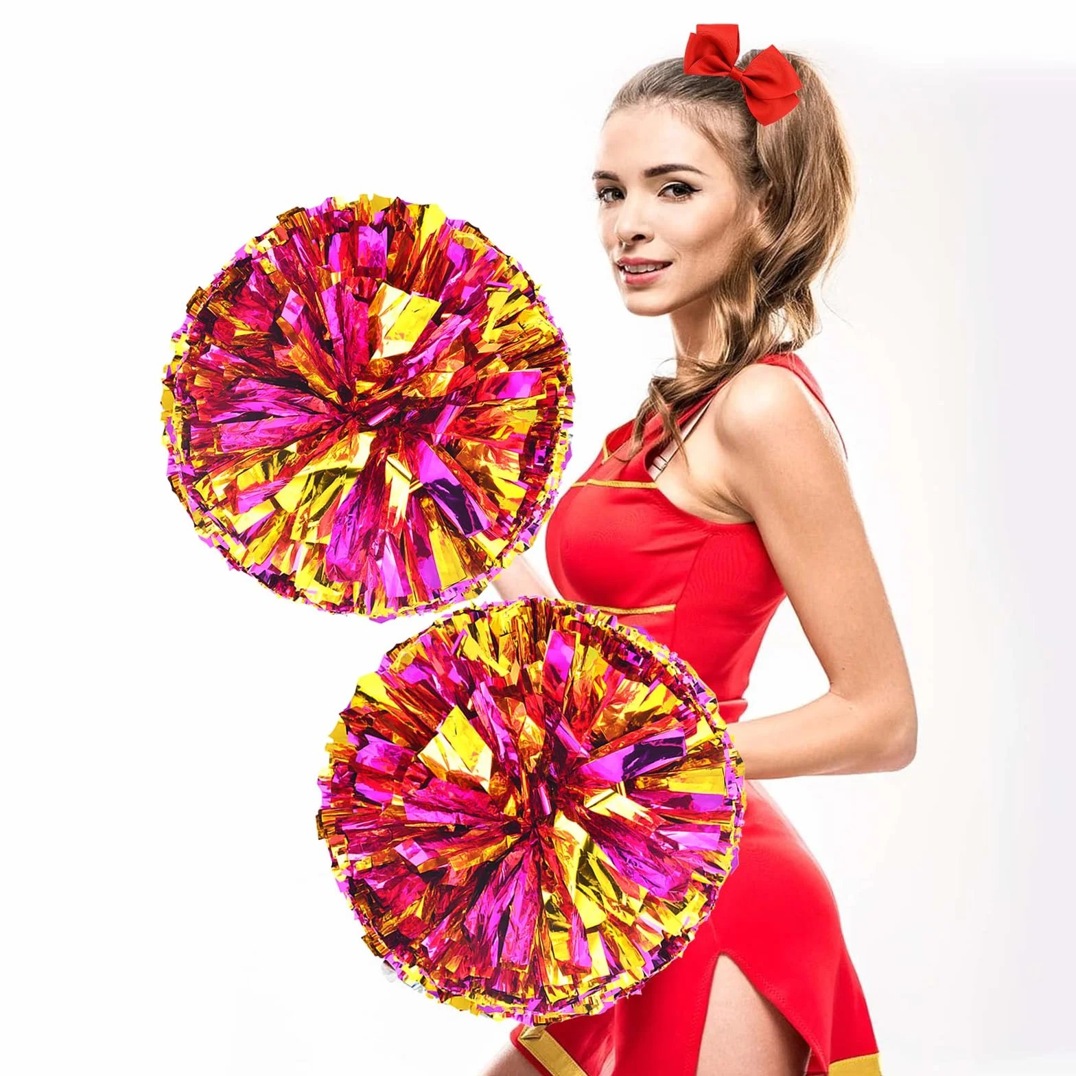 Wondora 2 x pompony cheerleaderki, czerwone pompony cheerleaderki, pompony cheerleaderki, z dużą kokardką, odpowiednie na zawody sportowe, duch zespołowy, cheerleaderki, dla dzieci i dorosłych (różowe