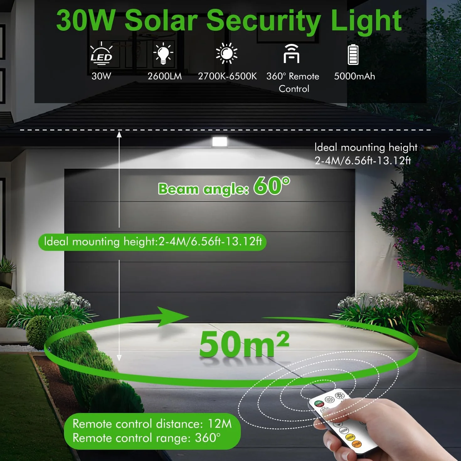 Solarny reflektor zewnętrzny 30W 2600LM IP66 5000mAh 2 lampy 2700K-6000K z pilotem