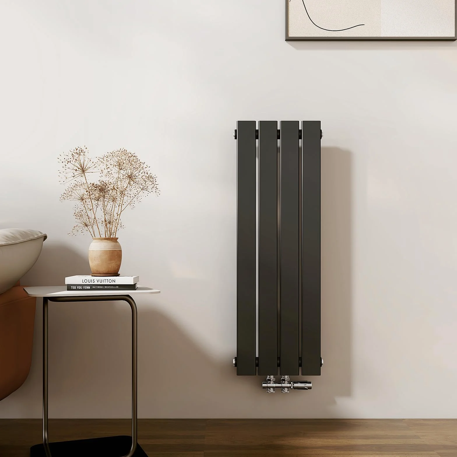 EMKE Designerski grzejnik mały, 900 x 304 mm, pionowy grzejnik płaski z przyłączem środkowym, jednowarstwowy grzejnik panelowy, grzejnik ścienny do łazienki, sypialni i salonu, czarny, 297 W
