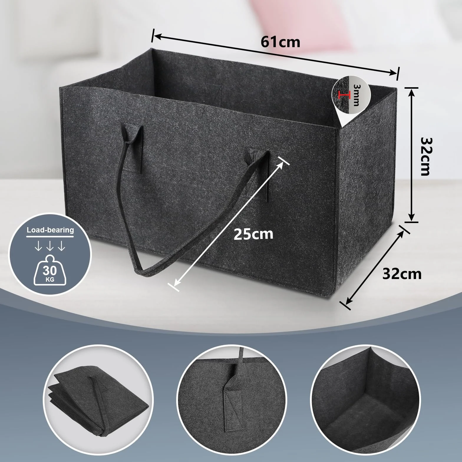 efuturetime Torba filcowa 61x32x32 cm składany kosz do przechowywania ciemnoszary