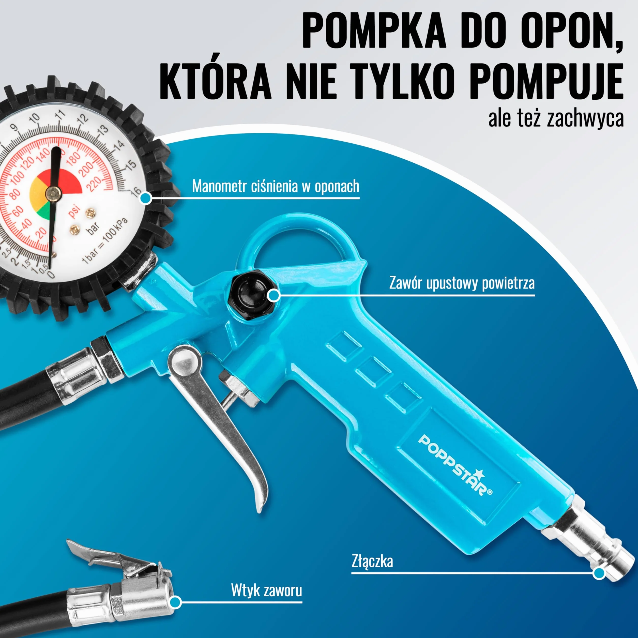 Poppstar zestaw akcesoriów do sprężonego powietrza: napełniacz do opon 0-16 bar, wąż spiralny 5m, pistolet przedmuchiwania 12 bar