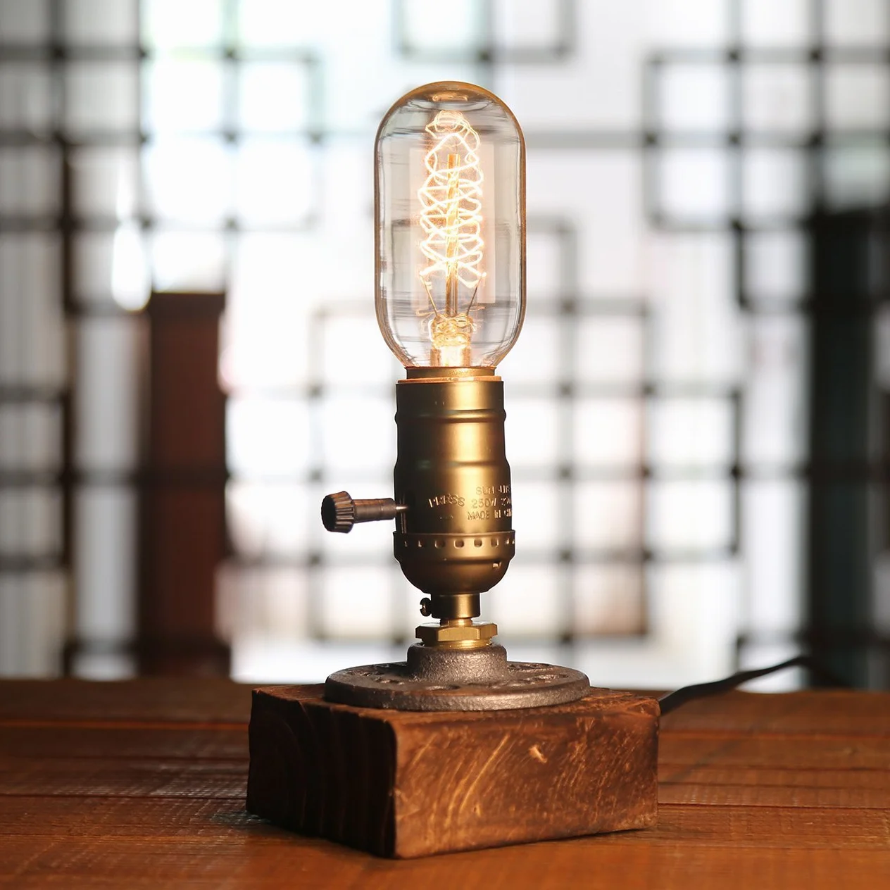 E27 vintage drewniane bloki lampa stołowa lampa biurkowa do kawiarni baru studio, lampka nocna na stolik nocny ściemniana bez żarówki