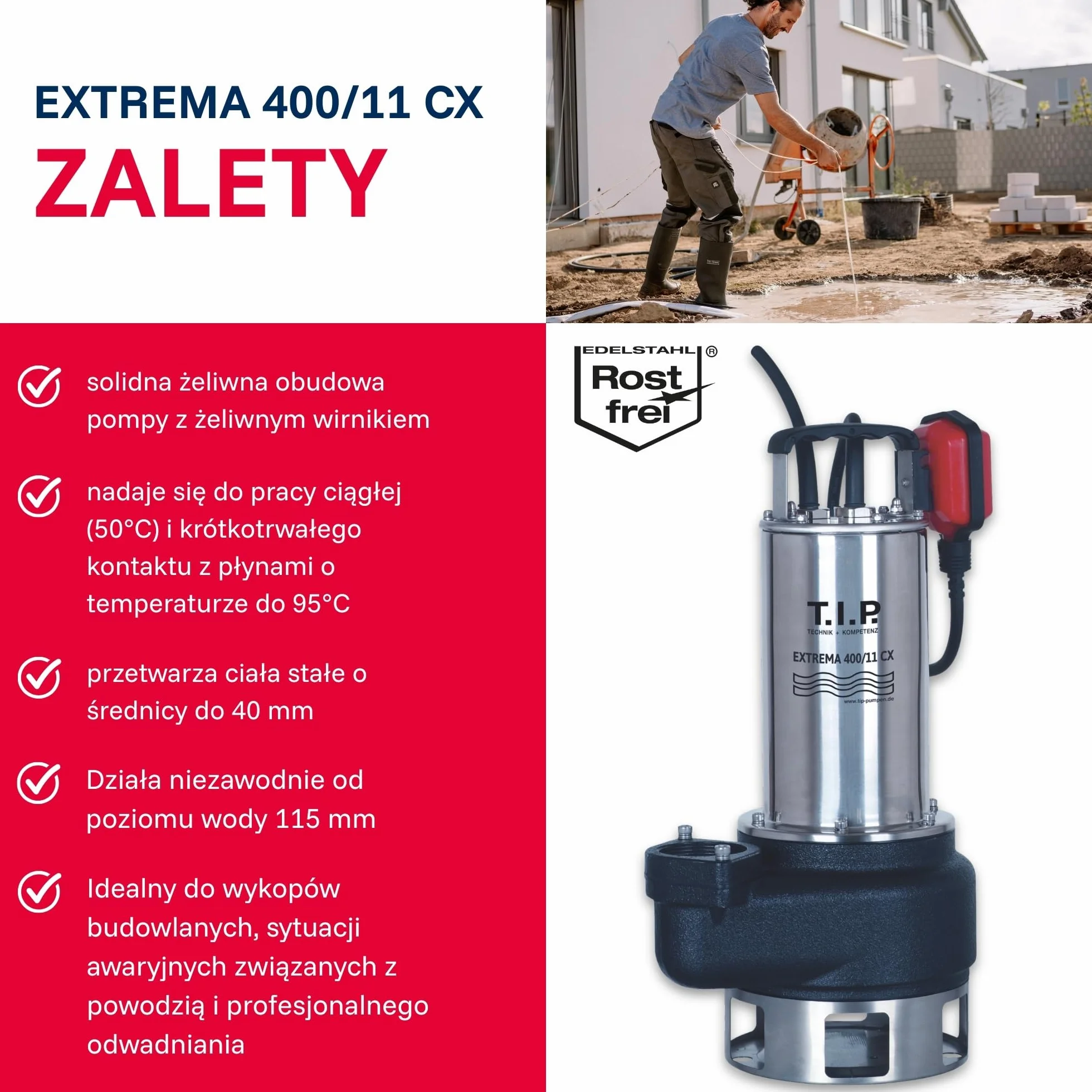 T.I.P. Extrema 400/11 CX Pompa zatapialna do wody brudnej 24 000 l/h stal nierdzewna