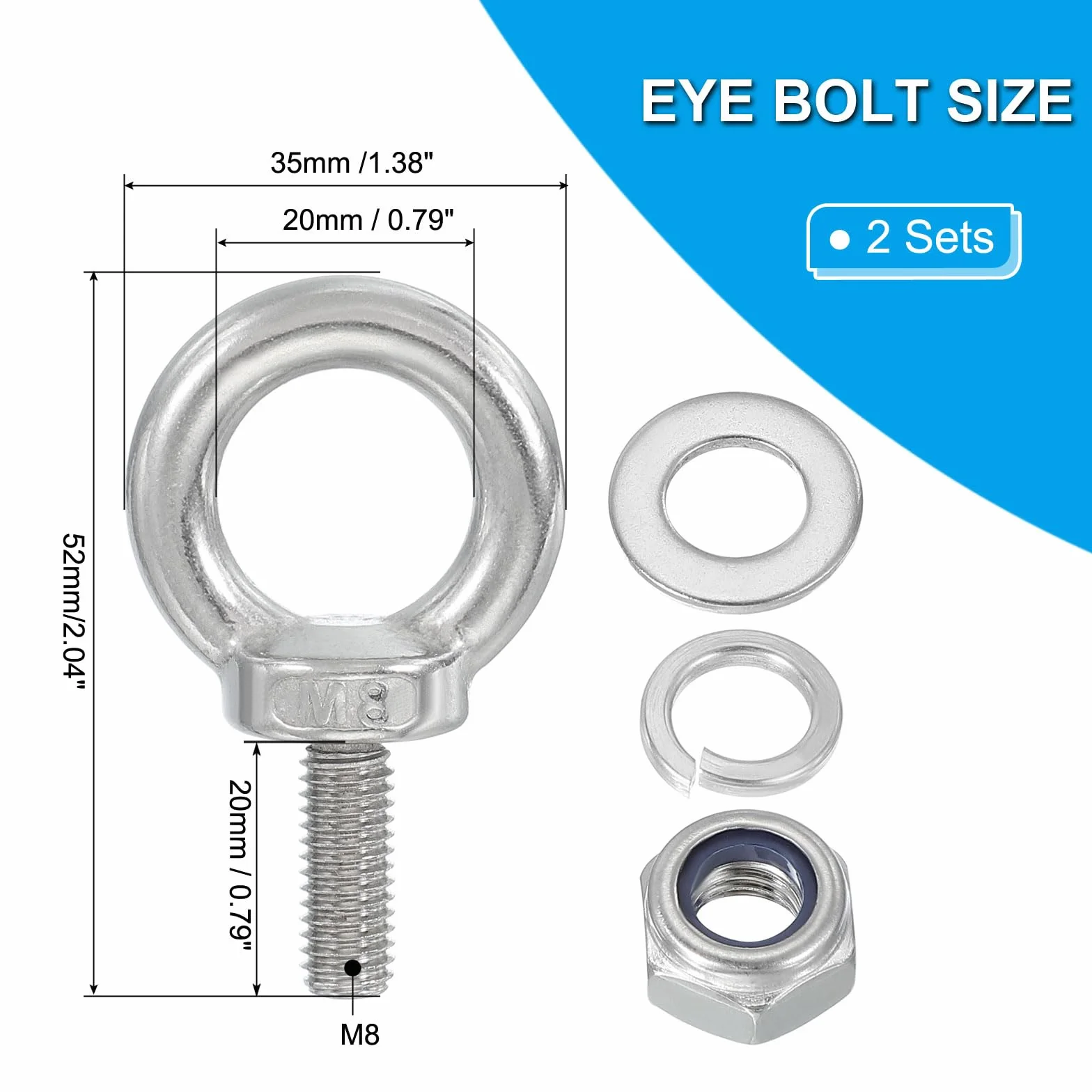 PATIKIL Śruba oczkowa M8 x 20 mm z nakrętką, 2 sztuki, stal nierdzewna 304, srebrna