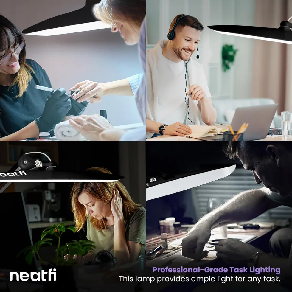 Neatfi XL LED Lampa biurkowa 2200 lumenów 24W szeroka głowica 50cm 4 poziomy regulacji jasności Bez-CCT z Zaciskiem Czarny
