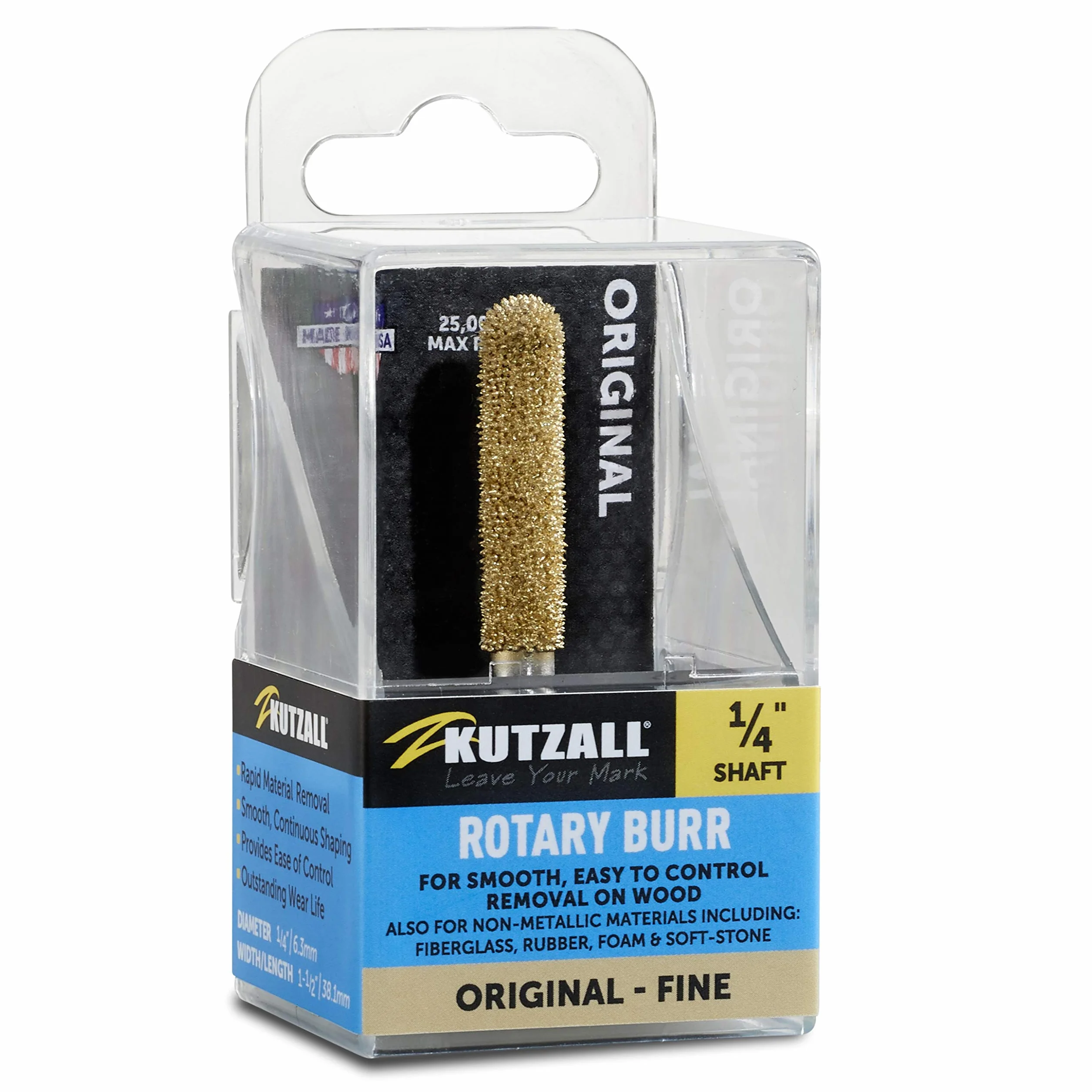 Kutzall Original Ball Nose Rotary Burr, 1/4" Shaft, Fine - Woodworking Attachment for Bosch, DeWalt, Milwaukee, Makita, Abrasive Tungsten Carbide, 1/4" Dia. x 1-3/8" Length, BN-14G
