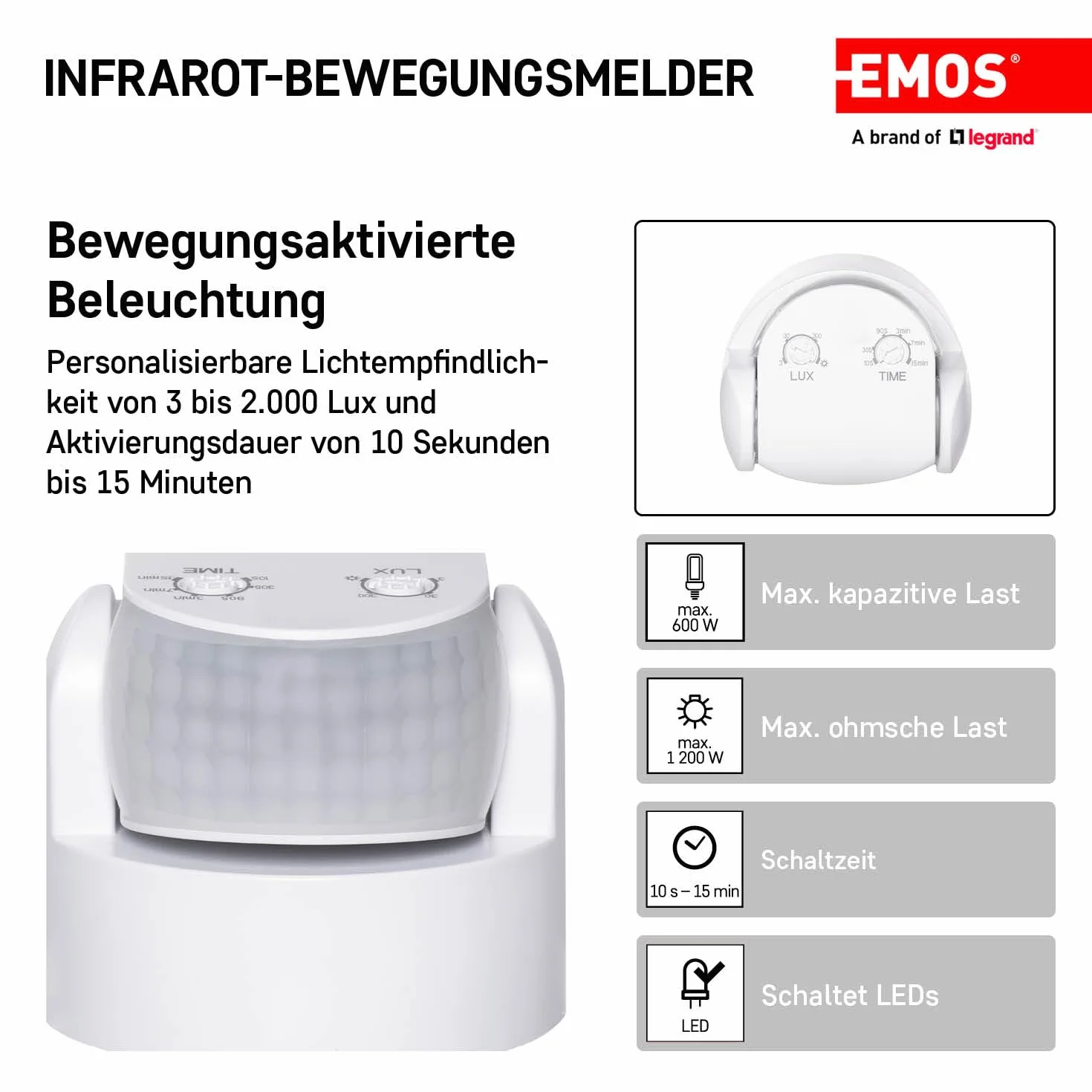 EMOS Czujnik ruchu na podczerwień IP65 180° 12 m 3-2000 lx do montażu natynkowego