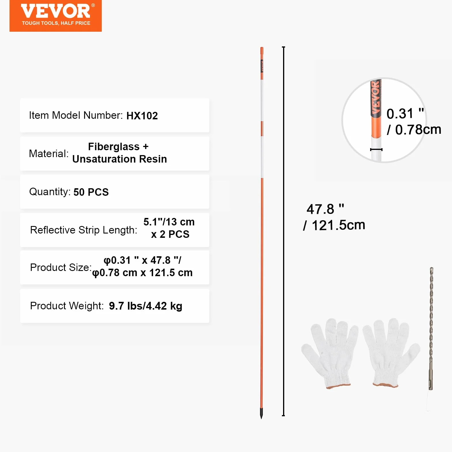 VEVOR Markery do podjazdu, 50 szt. 122 cm, średnica 0,8 cm, pomarańczowe słupki z włókna szklanego z taśmą odblaskową, stalowe wiertło 30 cm i rękawice ochronne na parkingi, chodniki, łatwa widoczność