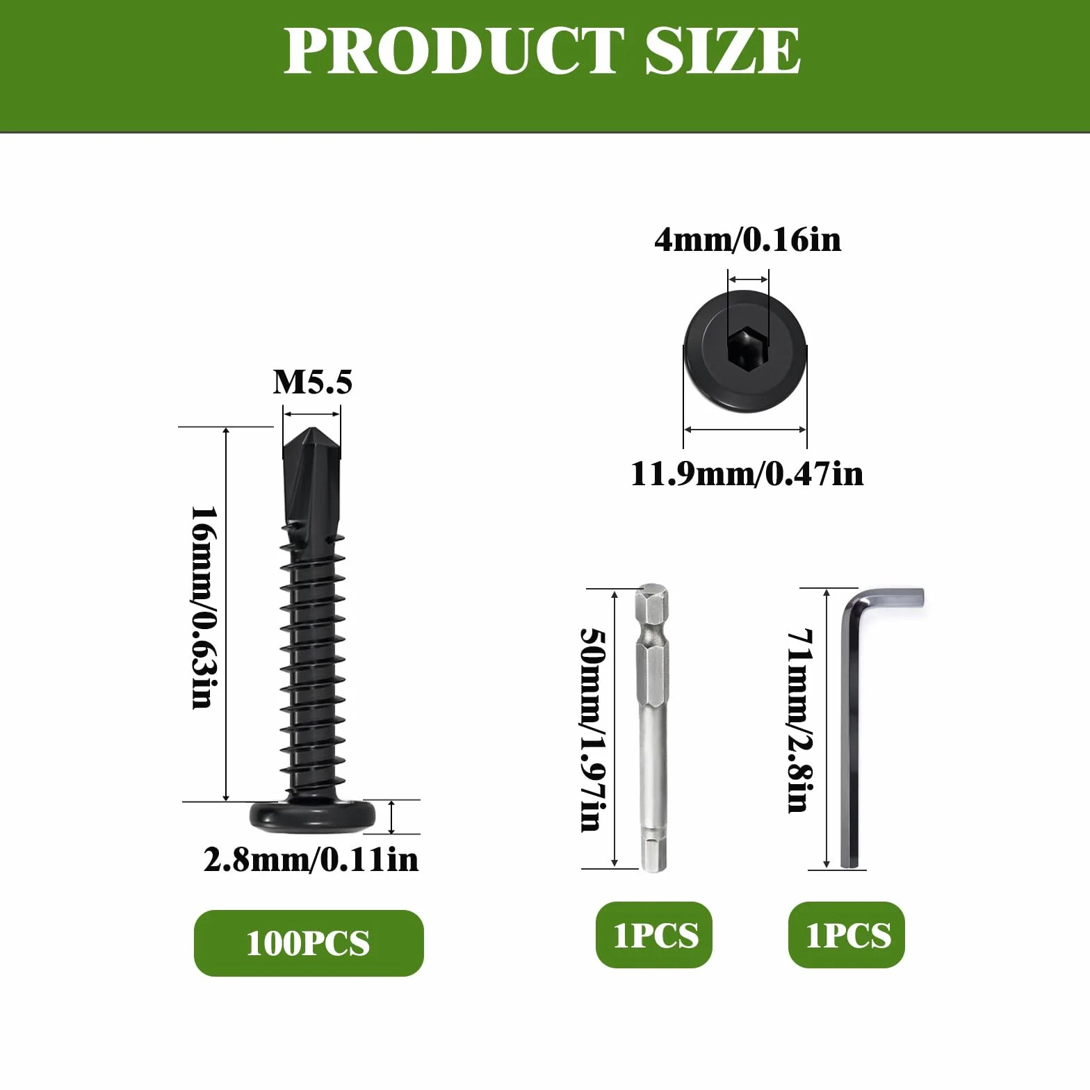 Wkręty samogwintujące ze stali nierdzewnej 5,5 x 16 mm, płaski łeb sześciokątny, czarne, z wiertłem sześciokątnym