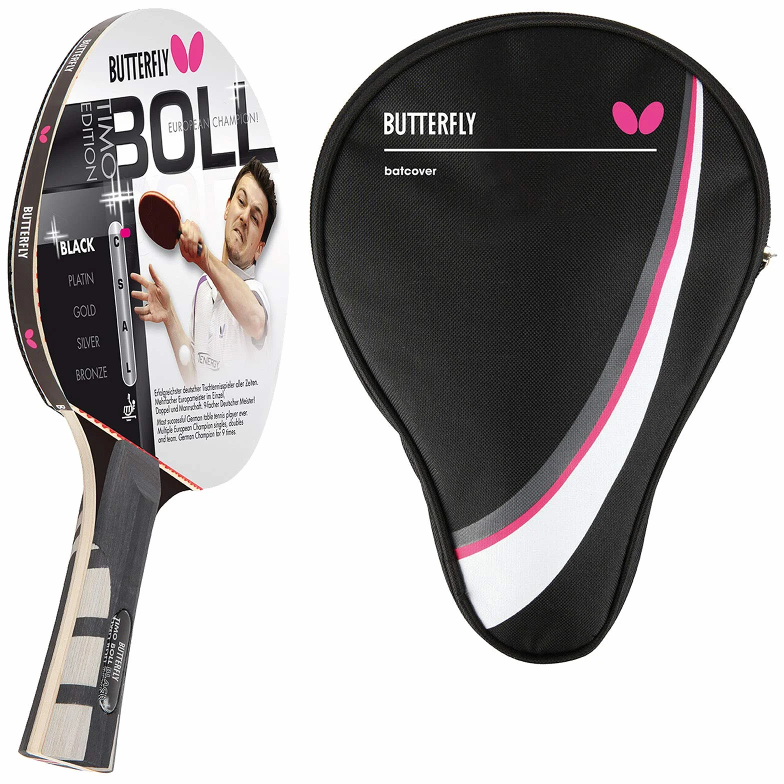 Butterfly® Timo Boll Black 85030 rakieta do tenisa stołowego, profesjonalna rakieta do tenisa stołowego, dla zaawansowanych technicznie graczy, z certyfikatem ITTF Wakaba, anatomiczny kształt uchwytu