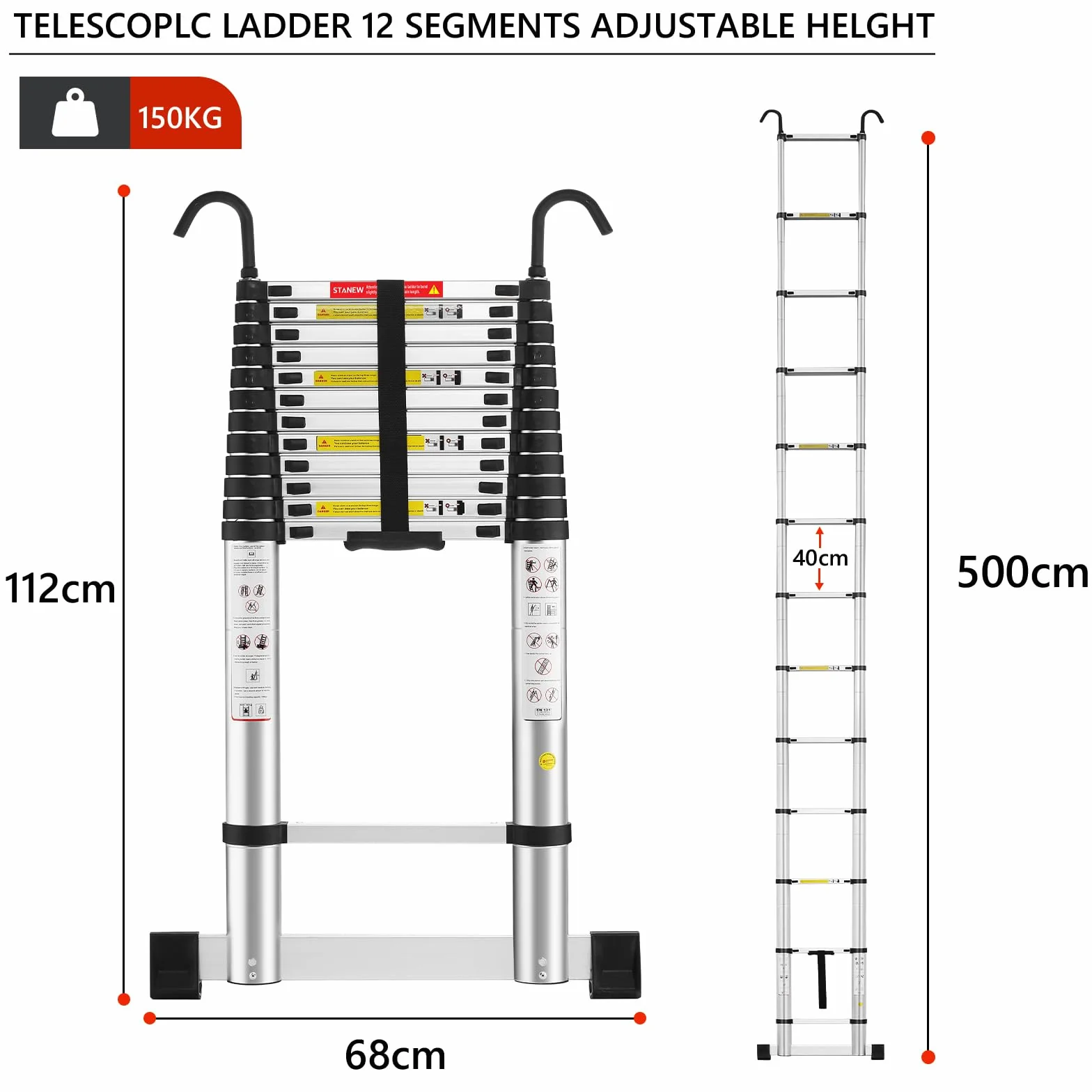 STANEW Aluminiowa drabina teleskopowa 5 m 150 kg składana z drążkiem stabilizującym