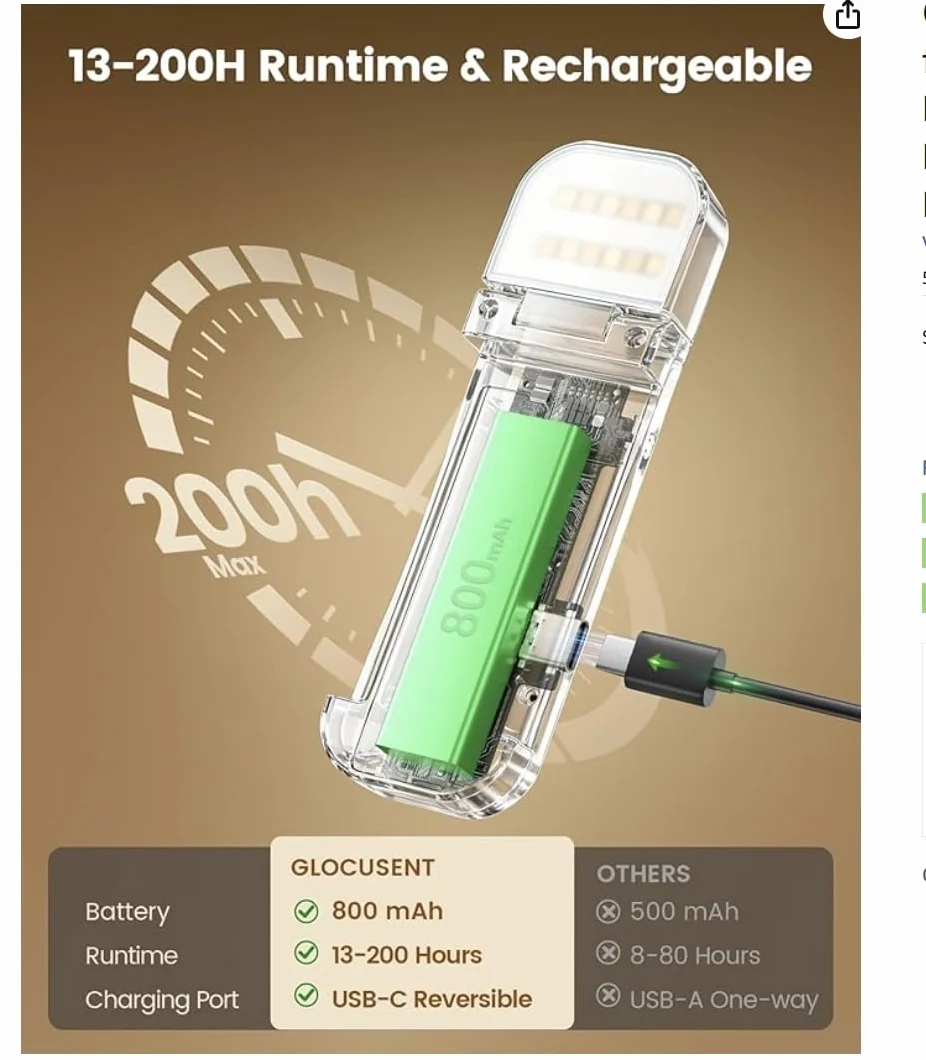 Glocusent Ulepszona lampka do czytania książek z klipsem i 12 diodami LED, czas pracy 200 godzin, lampka do czytania z 3 kolorami i 5 poziomami jasności, przenośna lampka do książek, zamek podróżny