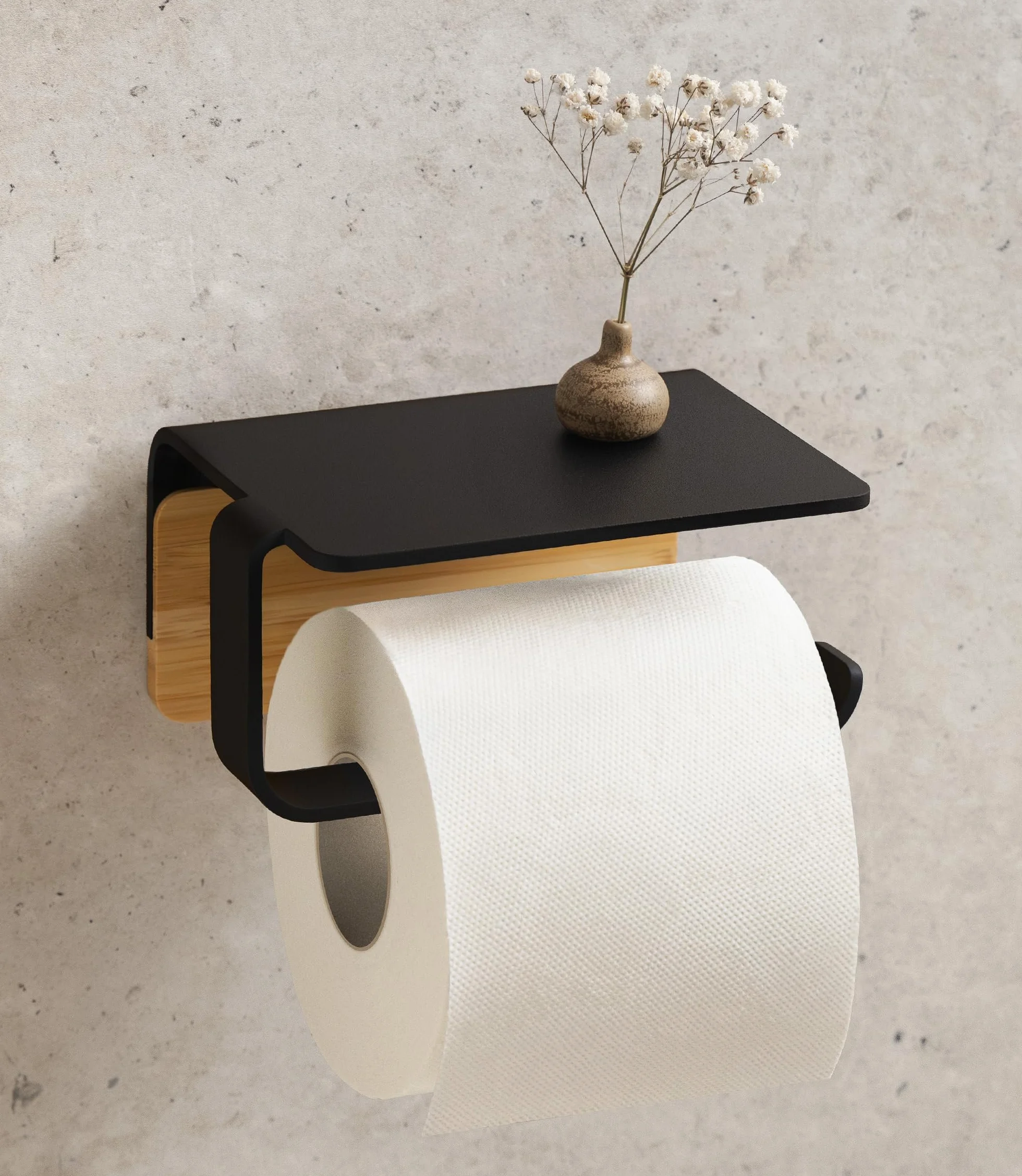 KAZAI. Uchwyt na papier toaletowy bez wiercenia | Metal z naturalnym drewnem bambusowym | Uchwyt na papier z półką do przyklejenia | Uchwyt na rolki | Wieszak na papier toaletowy | Czarny, Bambus