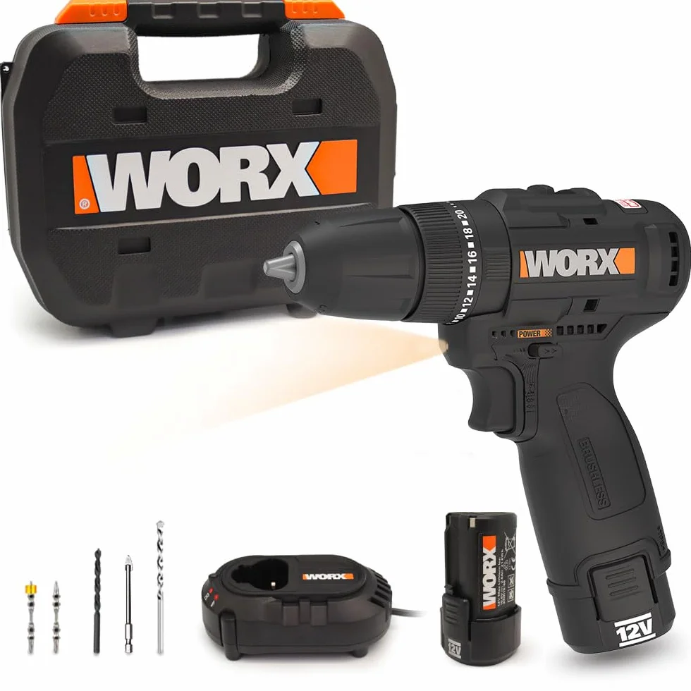 WORX WX121 akumulatorowa wiertarko-wkrętarka udarowa 12 V bezszczotkowa 2-biegowa 38 Nm 0-450/0-1700 obr/min