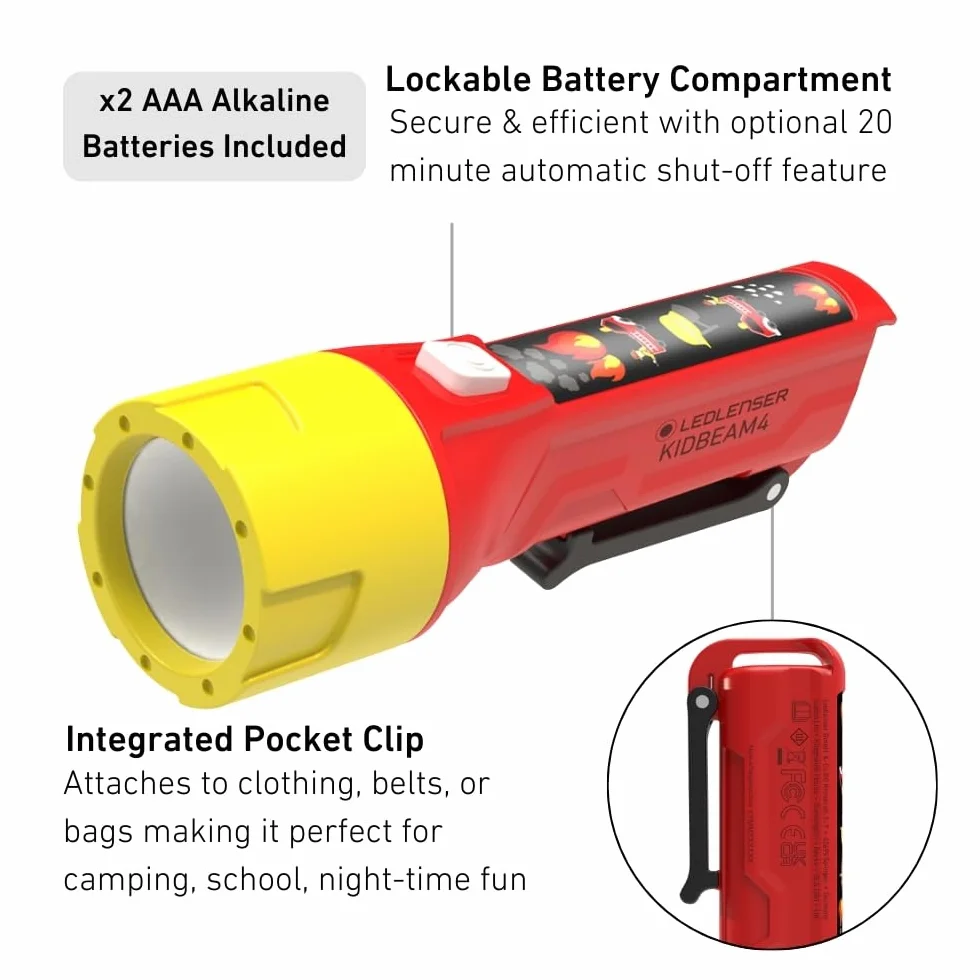 Ledlenser KidBEAM4 latarka dziecięca strażak 4 kolory LED zasilanie AAA 72 g z klipsem do kieszeni automatyczne wyłączanie