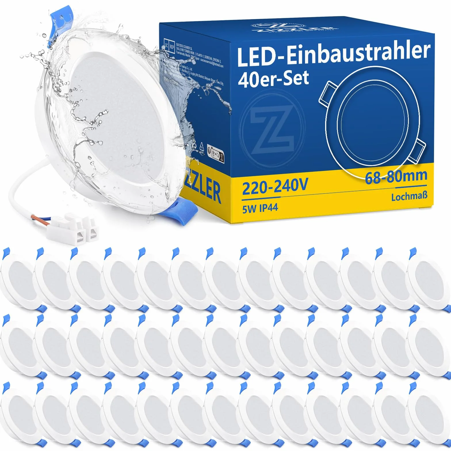 Reflektory LED Wpuszczane Sufitowe, Białe Neutralne 4000 K, Otwór 68 mm, Wodoodporne IP44, 5 W 400 lm 220-240 V, Średnica 90 mm, Wewnętrzna Łazienka Kuchenna, Zestaw 40 Sztuk