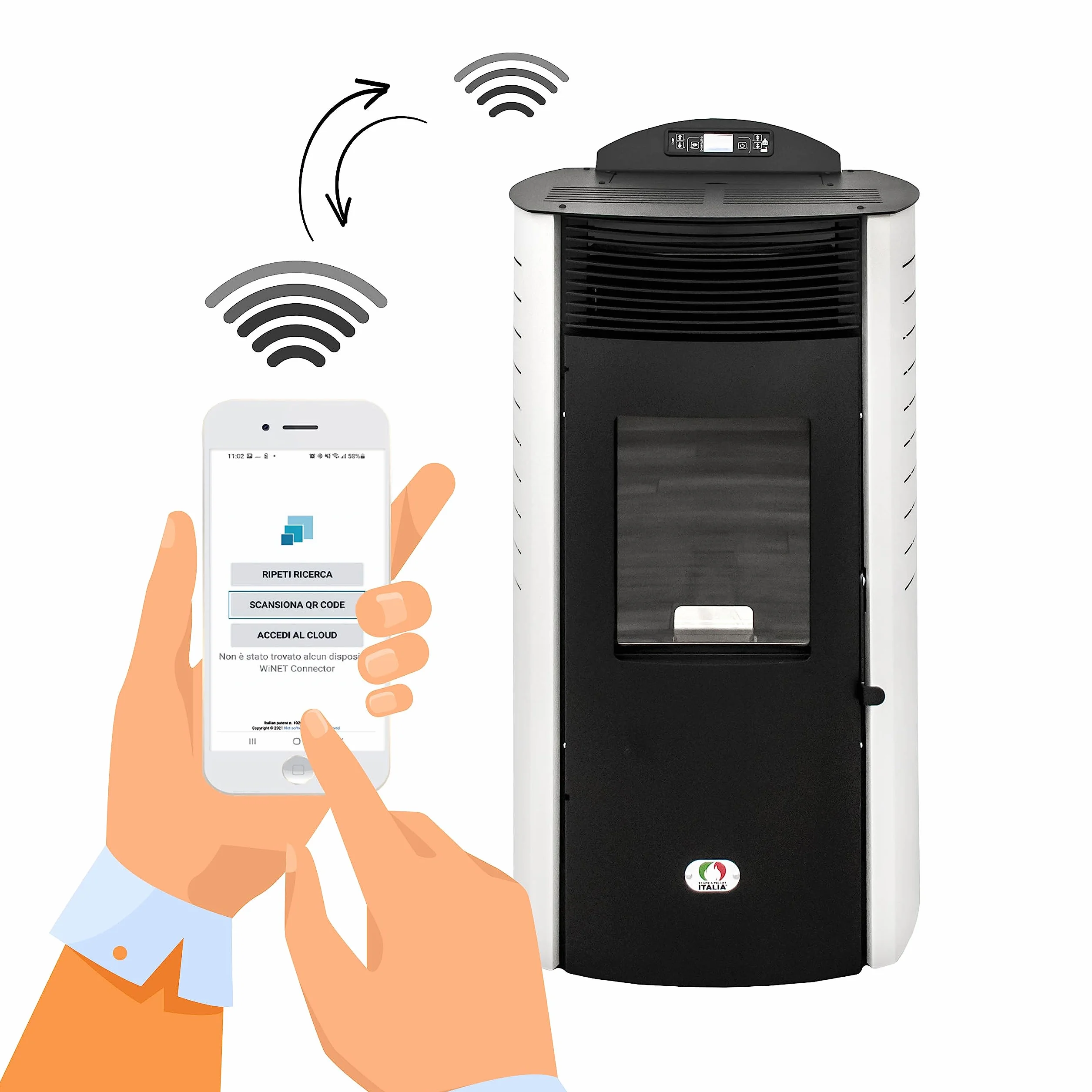 STUFE A PELLET ITALIA Syberia New 15 kW kanał WiFi - piec wentylowany efektywność 92% ciepła 140 m² czas pracy 30 h, programowalny 5 prędkości i mocy, 24 miesiące biały