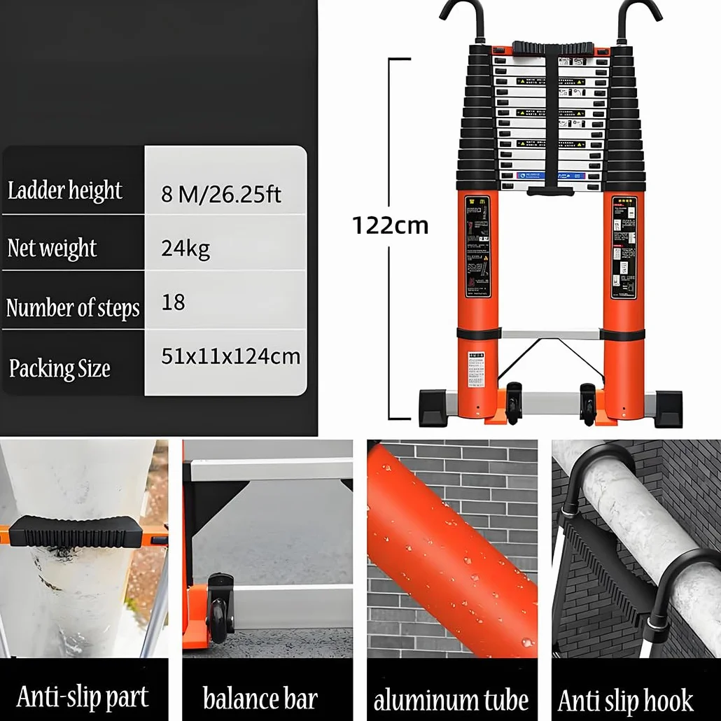 Aluminiowa drabina teleskopowa z haczykamiZewnętrzna przenośna drabina antypoślizgowa Dłuższe składane schody z mobilnymi kółkami 5 m-8 m (wysokość 8 m)