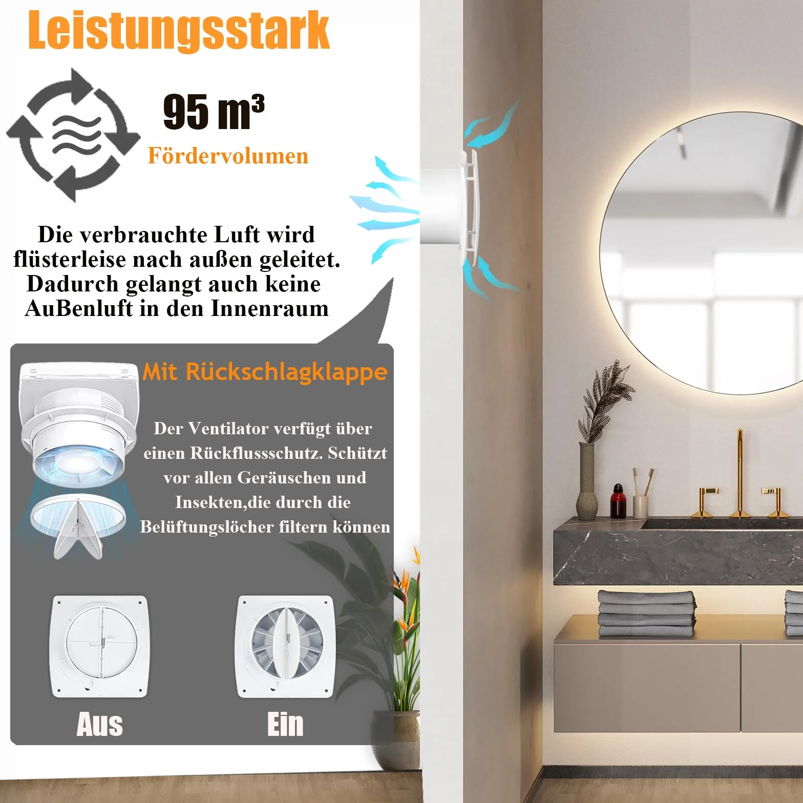 Wentylator łazienkowy 100 mm z czujnikiem wilgotności i dobiegiem, 34 dB, 95 m³/h