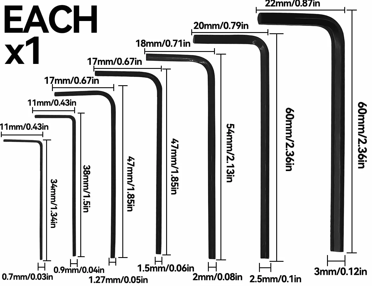 Zestaw 7 kluczy imbusowych ze stali węglowej 0,7-3 mm do naprawy