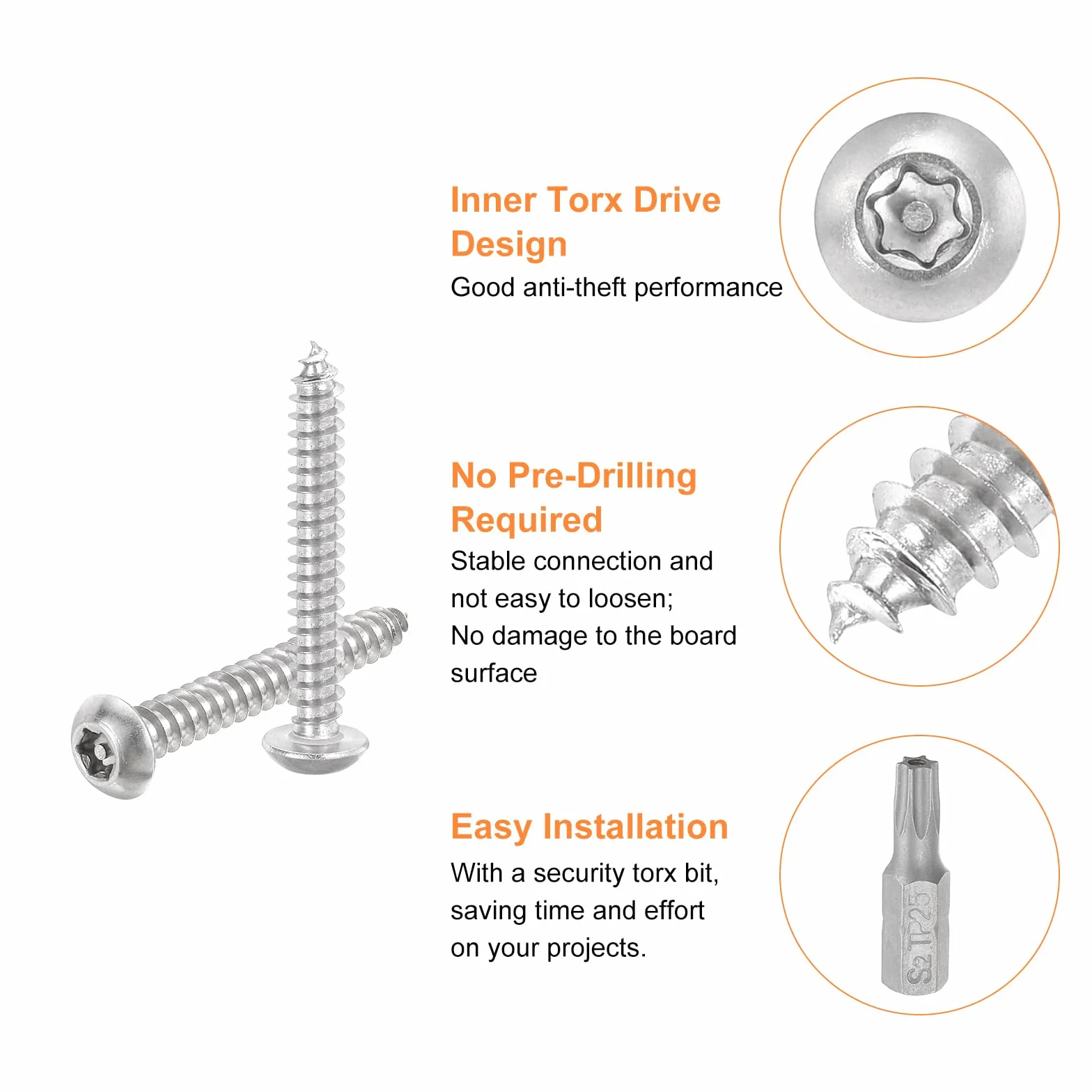 Śruby do blachy Torx M5 x 40 mm ze stali nierdzewnej 304, antykradzieżowe, 10 szt. T25