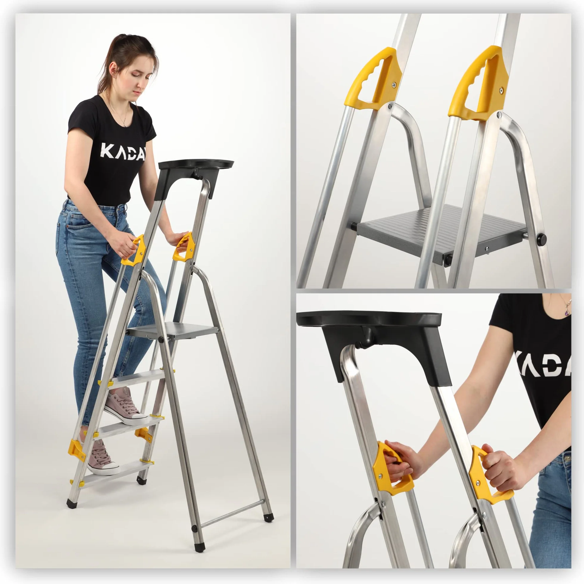 KADAX Drabina aluminiowa 4-stopniowa składana z poręczą 150 kg