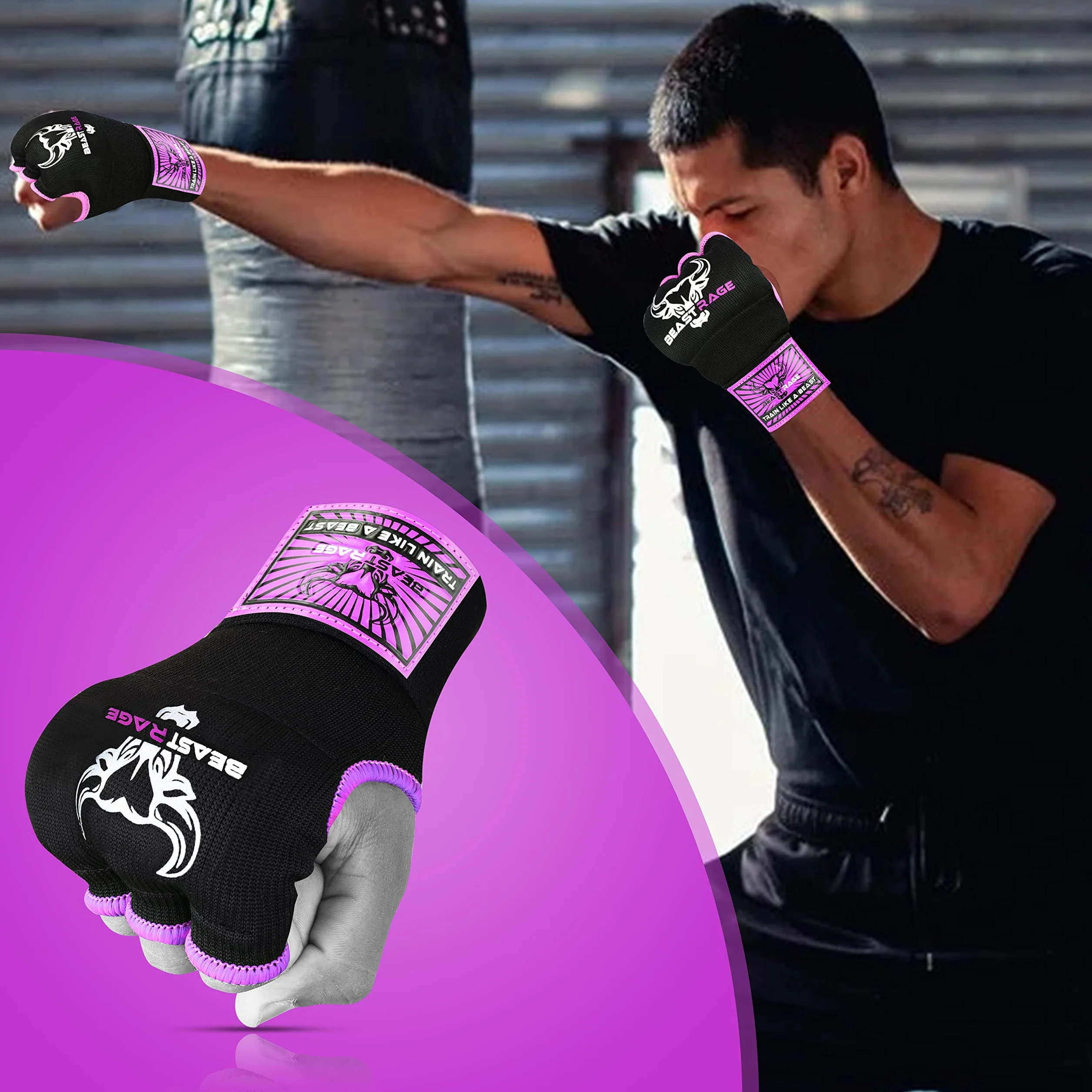 BEAST RAGE Rękawice żelowe do rąk MMA 75 cm długie owijane wyściełane elastyczne szybkie bokserskie worek treningowy Muay Thai zestaw bandaże UFC dla mężczyzn, kobiet, dzieci