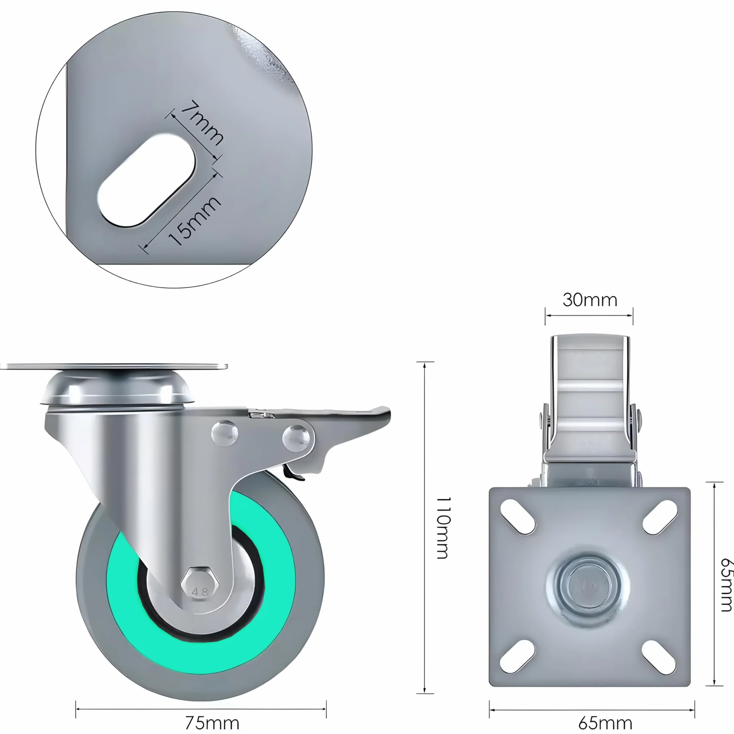 Retoo Zestaw kółek meblowych 75 mm 50 kg na koło 2 z hamulcem gumowe