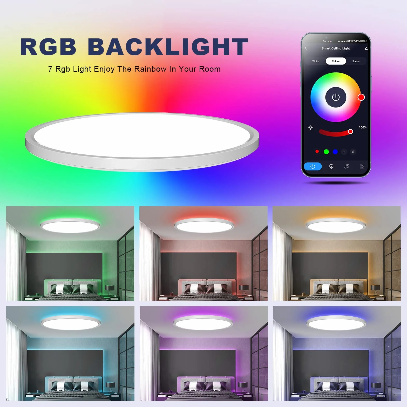 OTREN Lampa sufitowa Led 36 W z funkcją ściemniania, lampa oświetleniowa z podświetleniem RGB, płaski okrągły plafon z pilotem do sypialni, salonu, kuchni, łazienki, IP44, średnica 30 cm