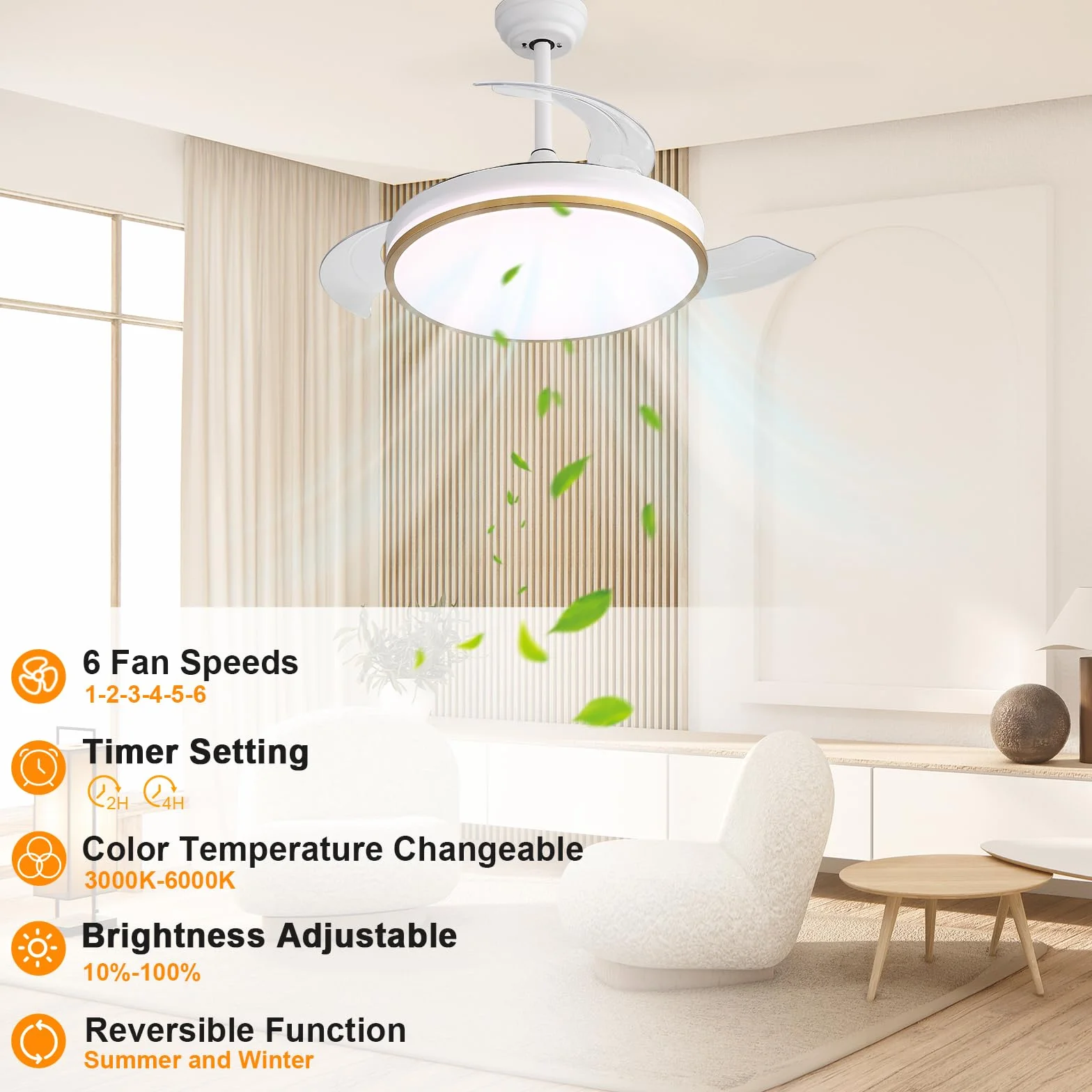 Jumoking Wentylator sufitowy z oświetleniem LED 47W 106cm wysuwane łopatki 3 temperatury 6 prędkości timer odwracalny silnik DC złoty